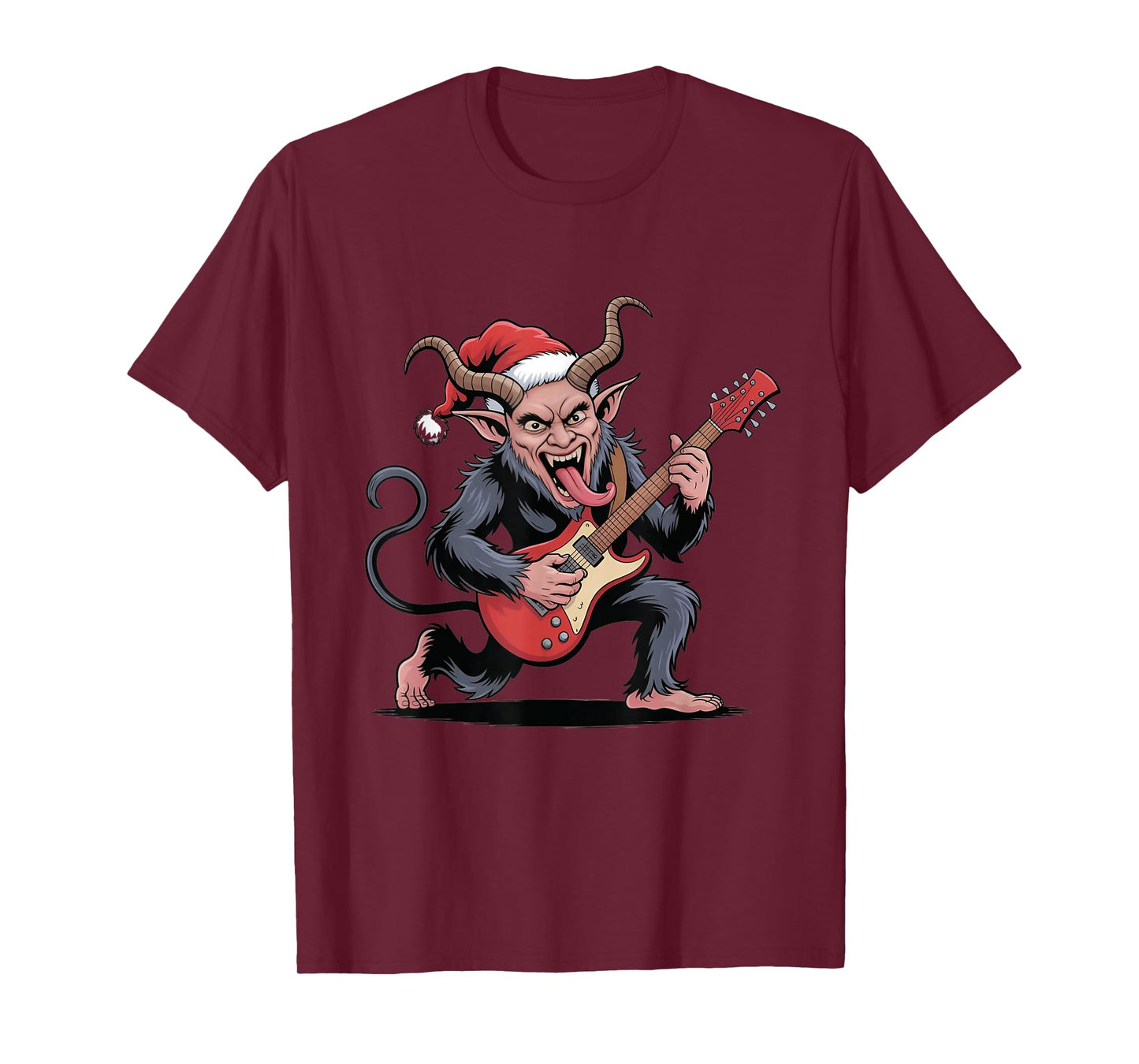Evil Krampus Playing Guitar Electric Santa Hat Christmas T-Shirt