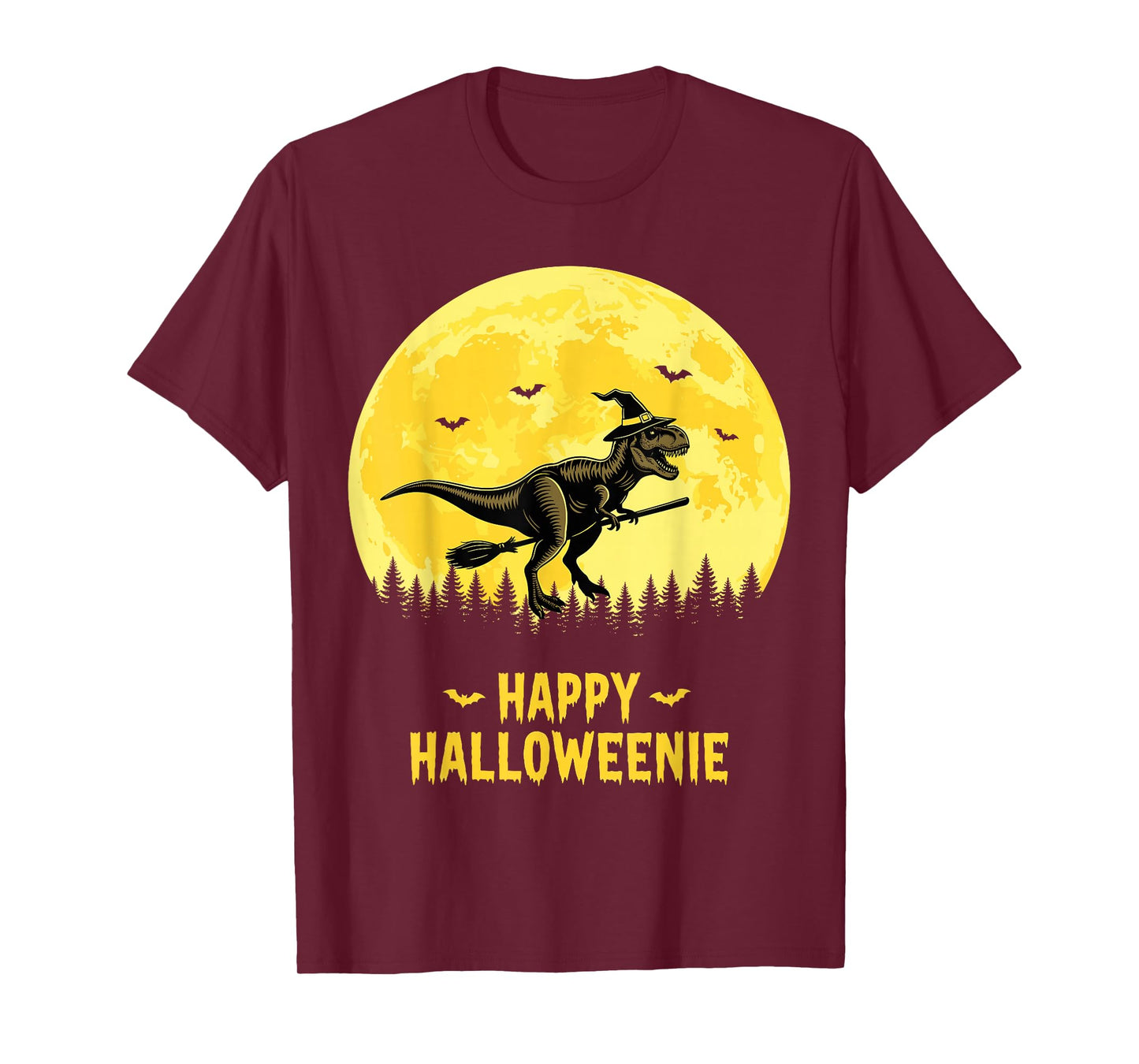 Happy Halloweenie Funny Dinosaur T Rex Flying Witch T-Shirt