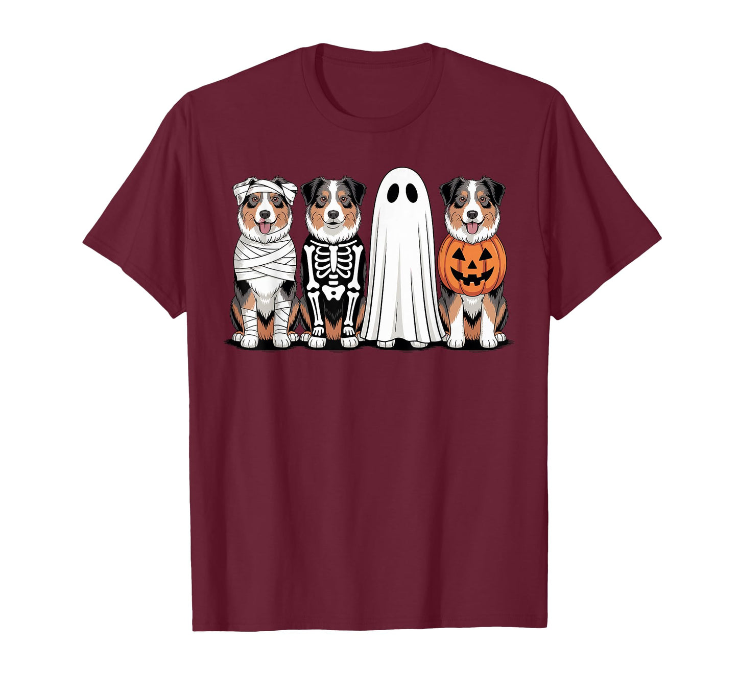 Spooky Ghost Australian Shepherd Pumpkin Halloween Skeleton T-Shirt