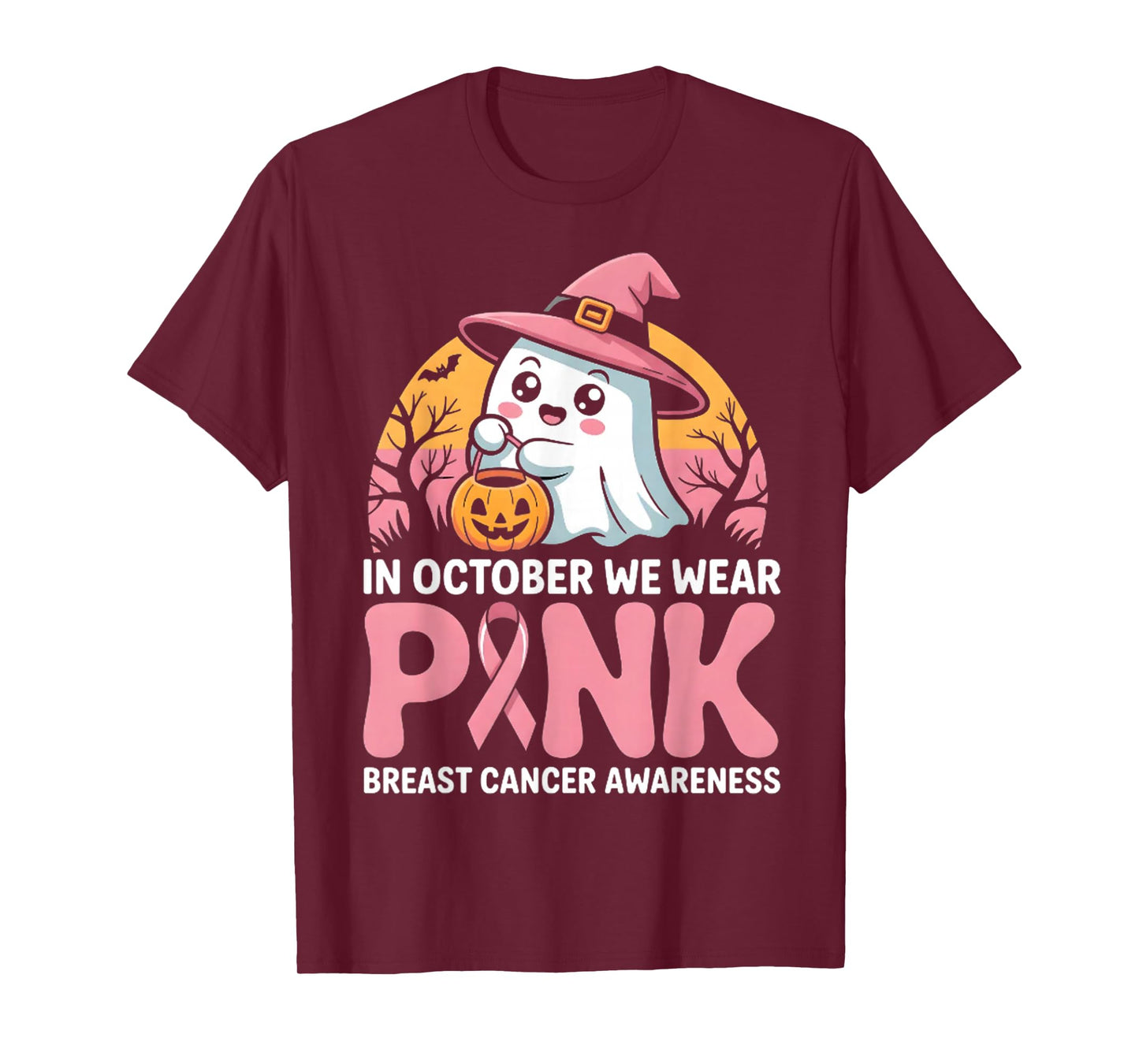 in October We Wear Pink Ghost Witch Breast Cancer Awareness T-Shirt