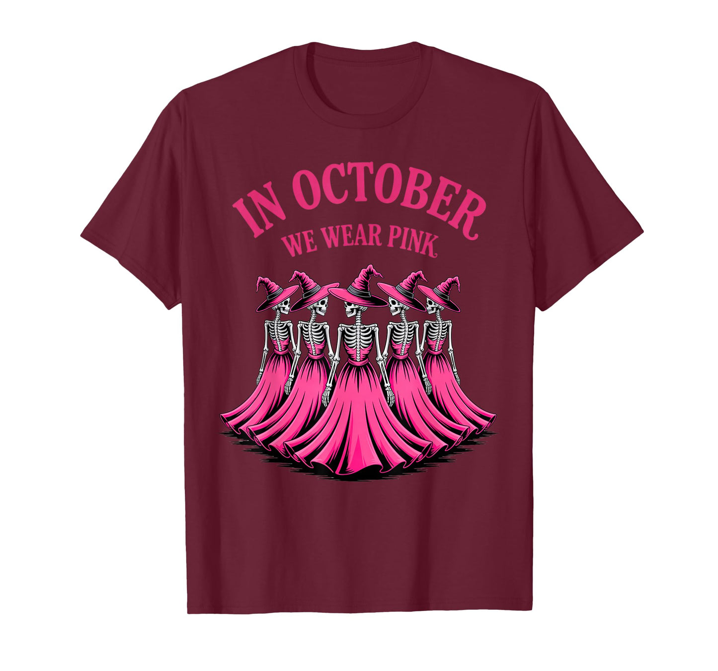 in October We Wear Pink Spooky Skeleton Halloween Vibes T-Shirt