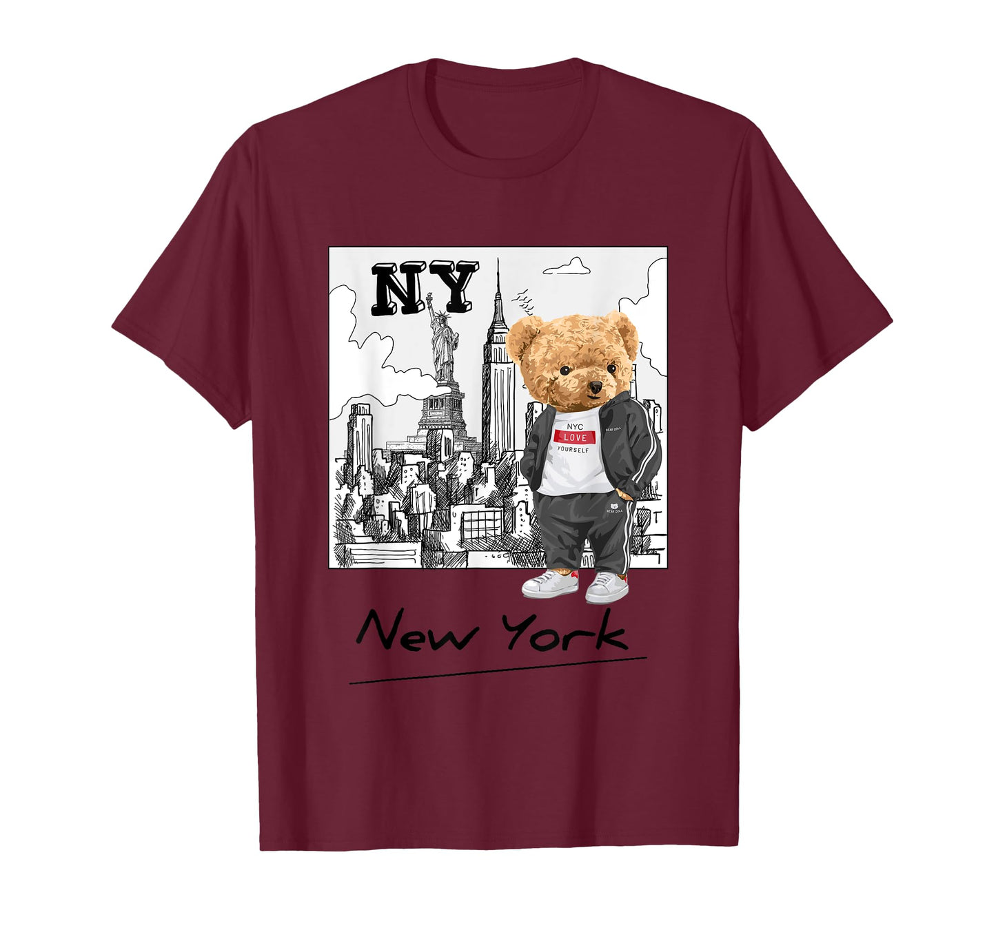 Bahaa's Tee Unisex-Kids Graphic T-Shirt Black Small Classic Fit Crew Neck Short Sleeve Summer Graphic Teddy Bear NYC Design