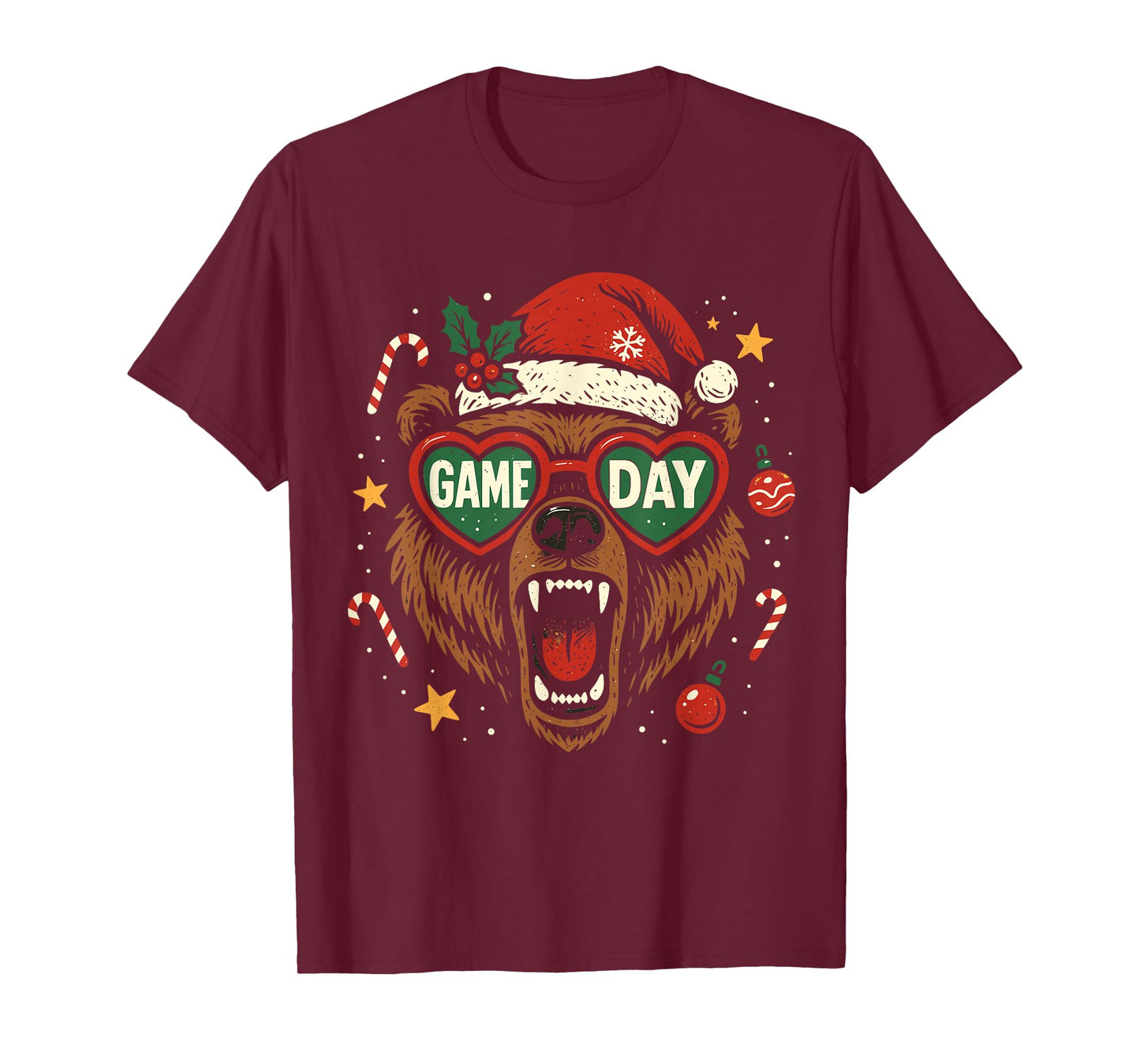 Christmas Game Day Bear Santa Hat Funny Holiday Football T-Shirt