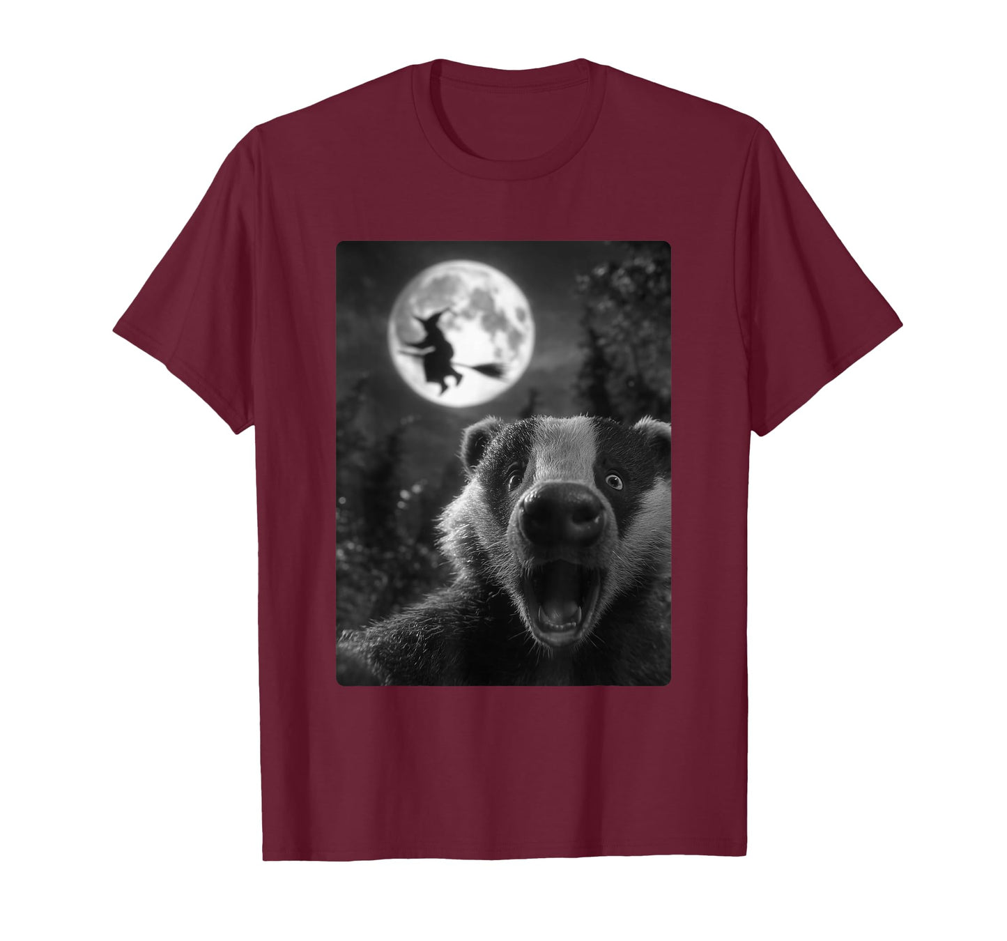 Funny Badger Selfie Full Moon Flying Witch Forest Halloween T-Shirt