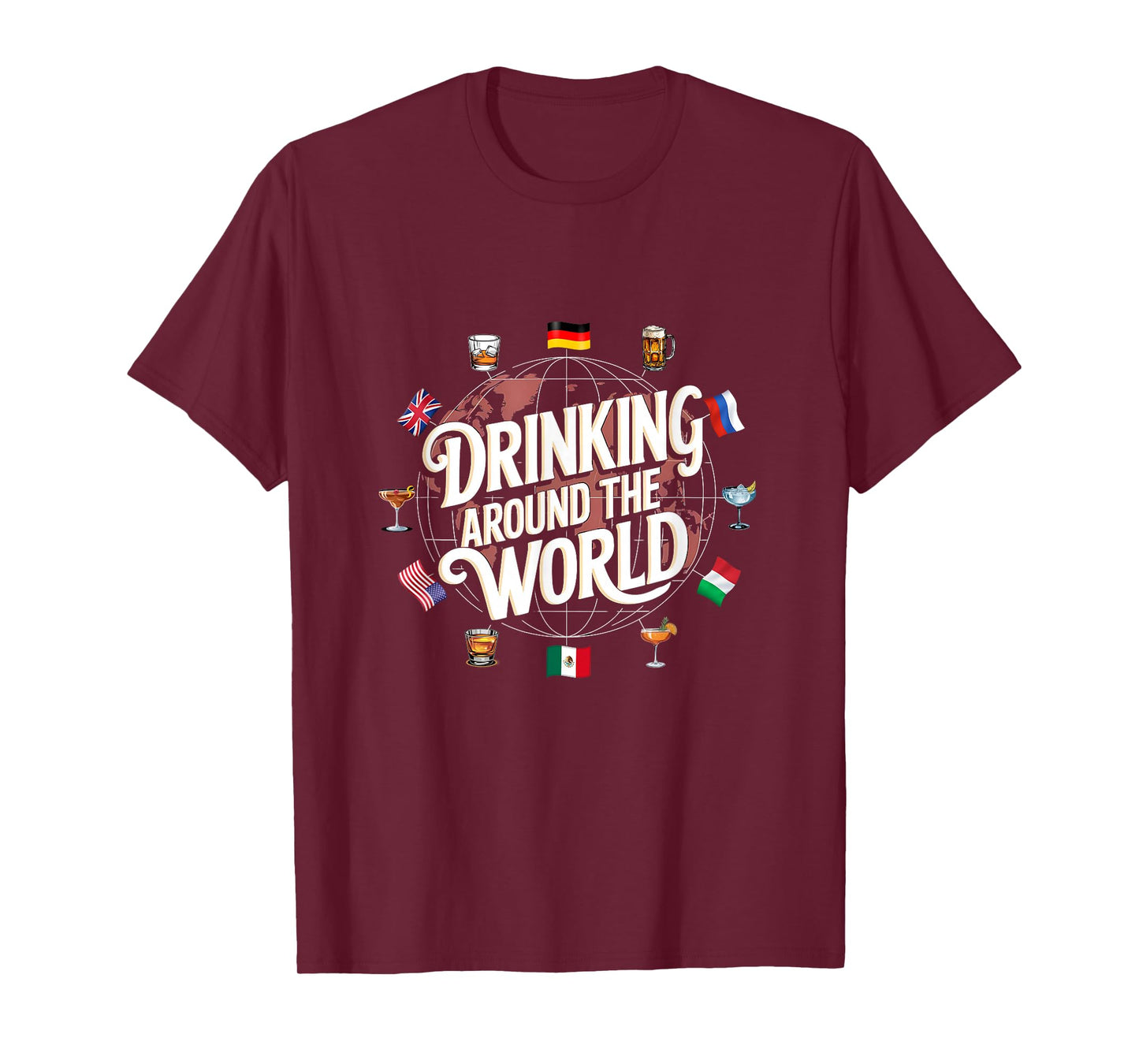 Funny Drinking Around The World Drink T-Shirt - Funny Drinking Around The World Drink - Black - Unisex-Adults - Short Sleeve - T-Shirt - Polyester 100% - Modern Cartoon Round Collar - Small