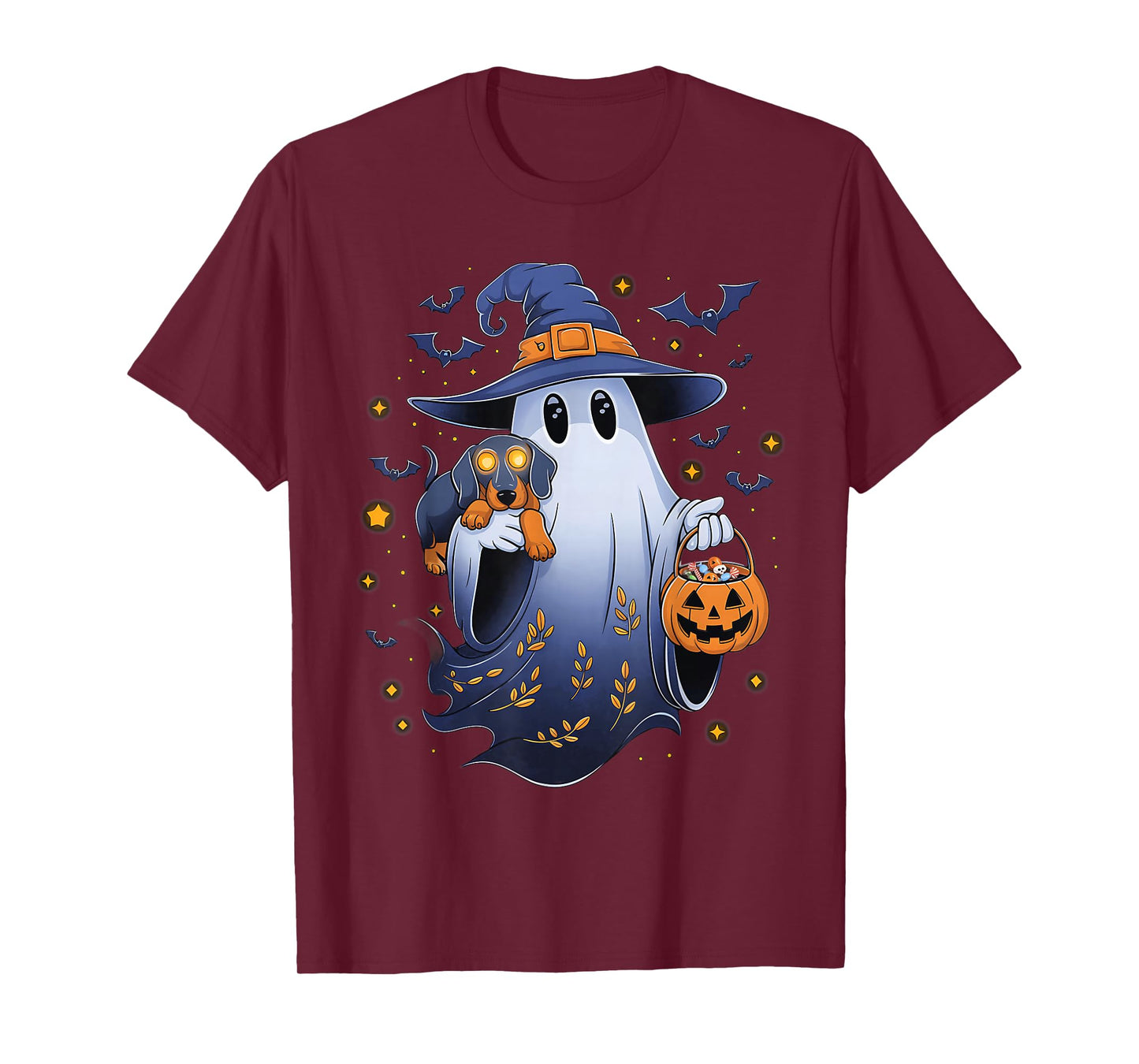 Ghost Witch Holding Dachshund Dog Pumpkins Vintage Halloween T-Shirt