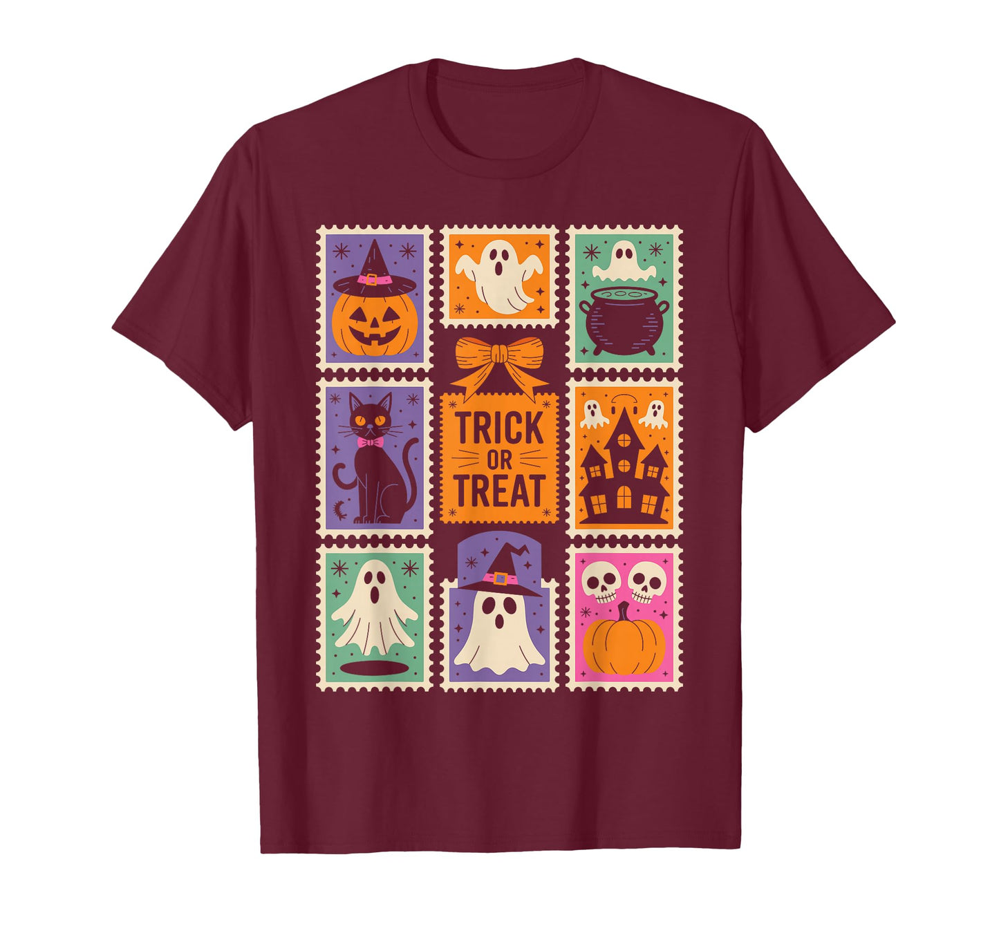 Halloween Stamps Spooky Pumpkin Ghost Cat Witch Skeleton T-Shirt