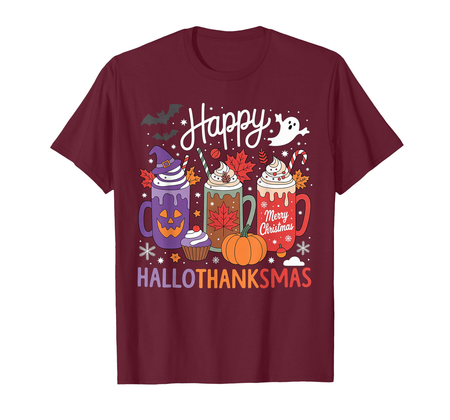 Happy Hallothanksmas Coffee Lover Halloween Merry Christmas T-Shirt