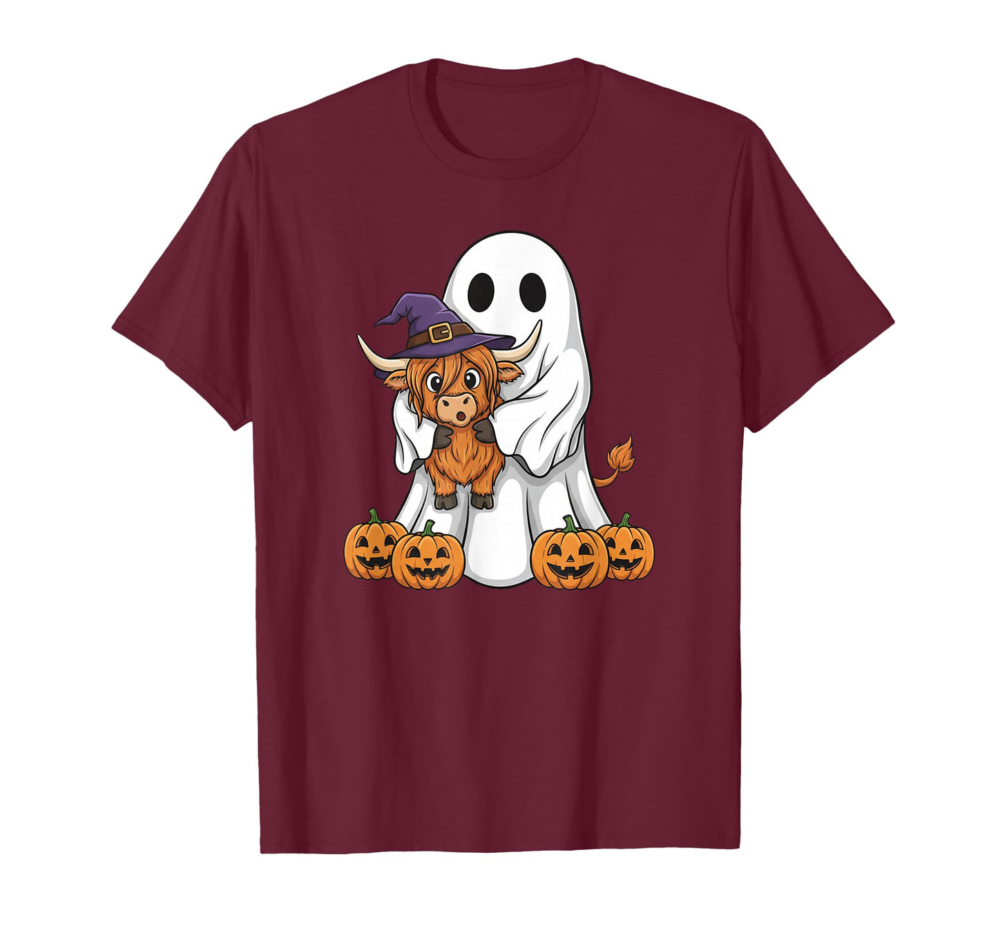 Funny Ghost Highland Cow Pumpkin Halloween Kids Mens Womens T-Shirt