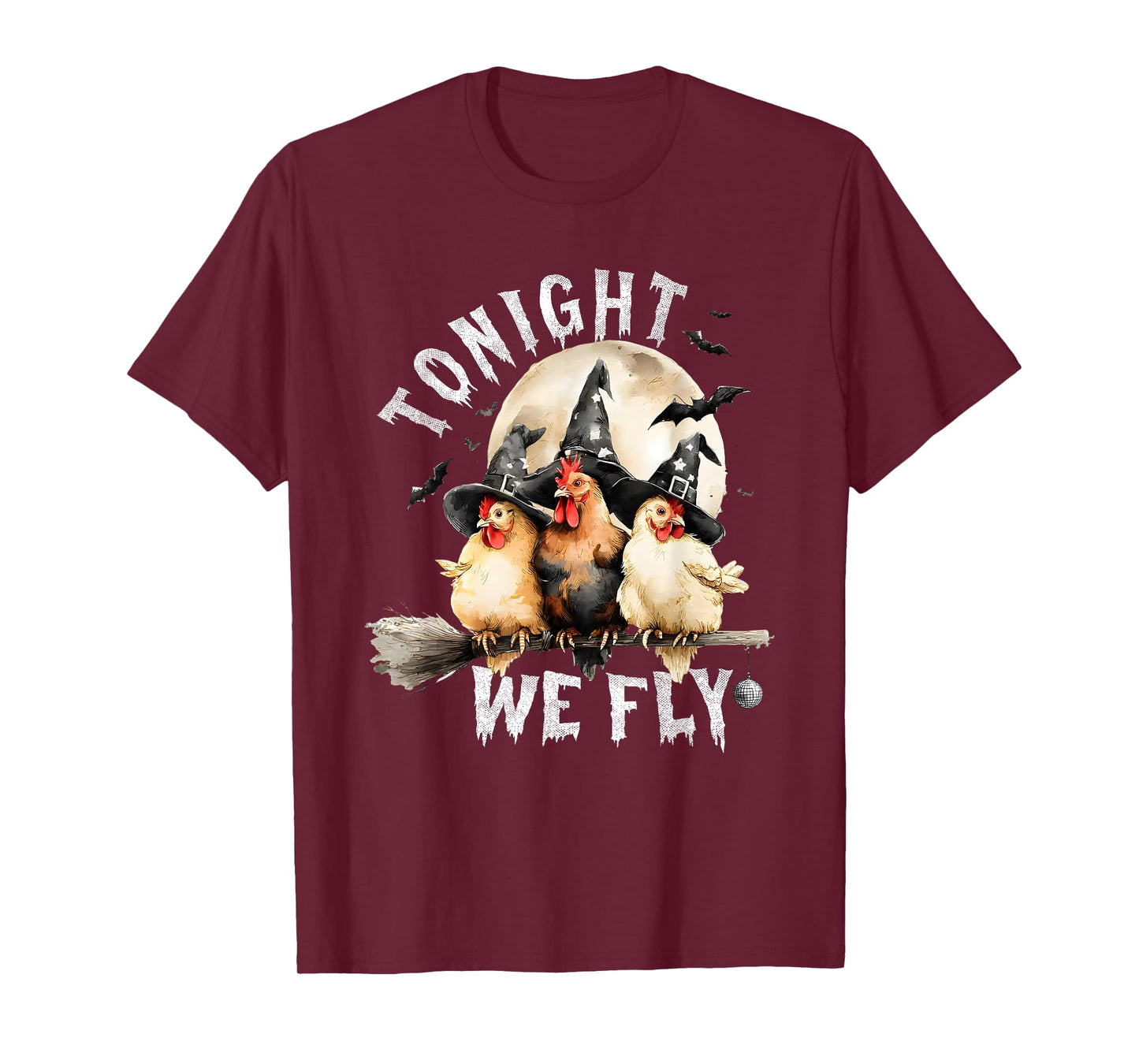 Tonight We Fly Halloween, Retro Chicken Witches Hat Broom T-Shirt