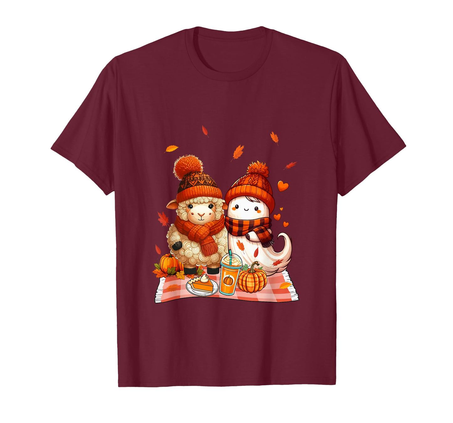 Sheep with Boo Halloween Thanksgiving Fall Leaves Pumpkins T-Shirt