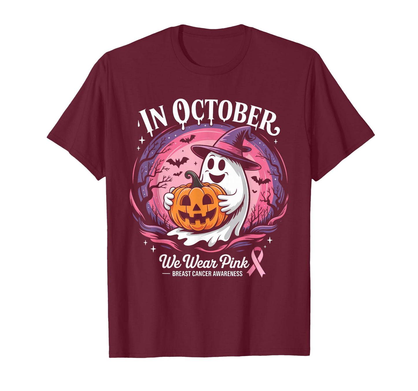 in October We Wear Pink Ghost Breast Cancer Awareness T-Shirt