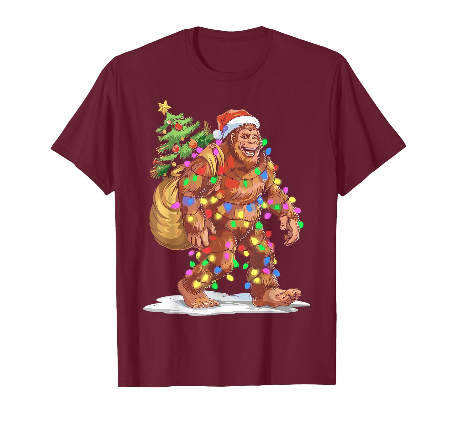 Santa Bigfoot Christmas Lights Funny Sasquatch Believe Xmas T-Shirt