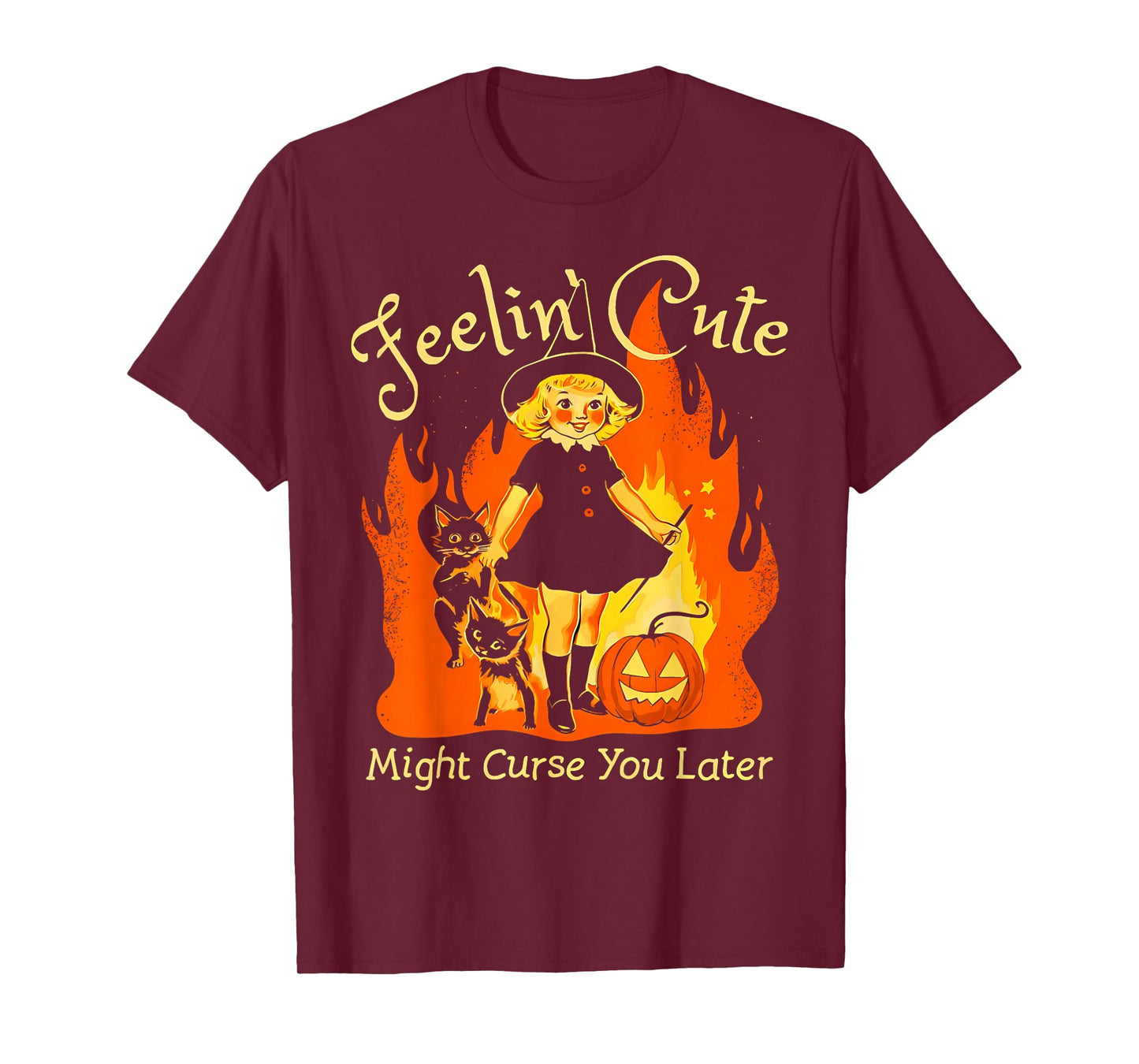 Feelin Cute Might Curse You Later Retro Witch Cat Halloween T-Shirt