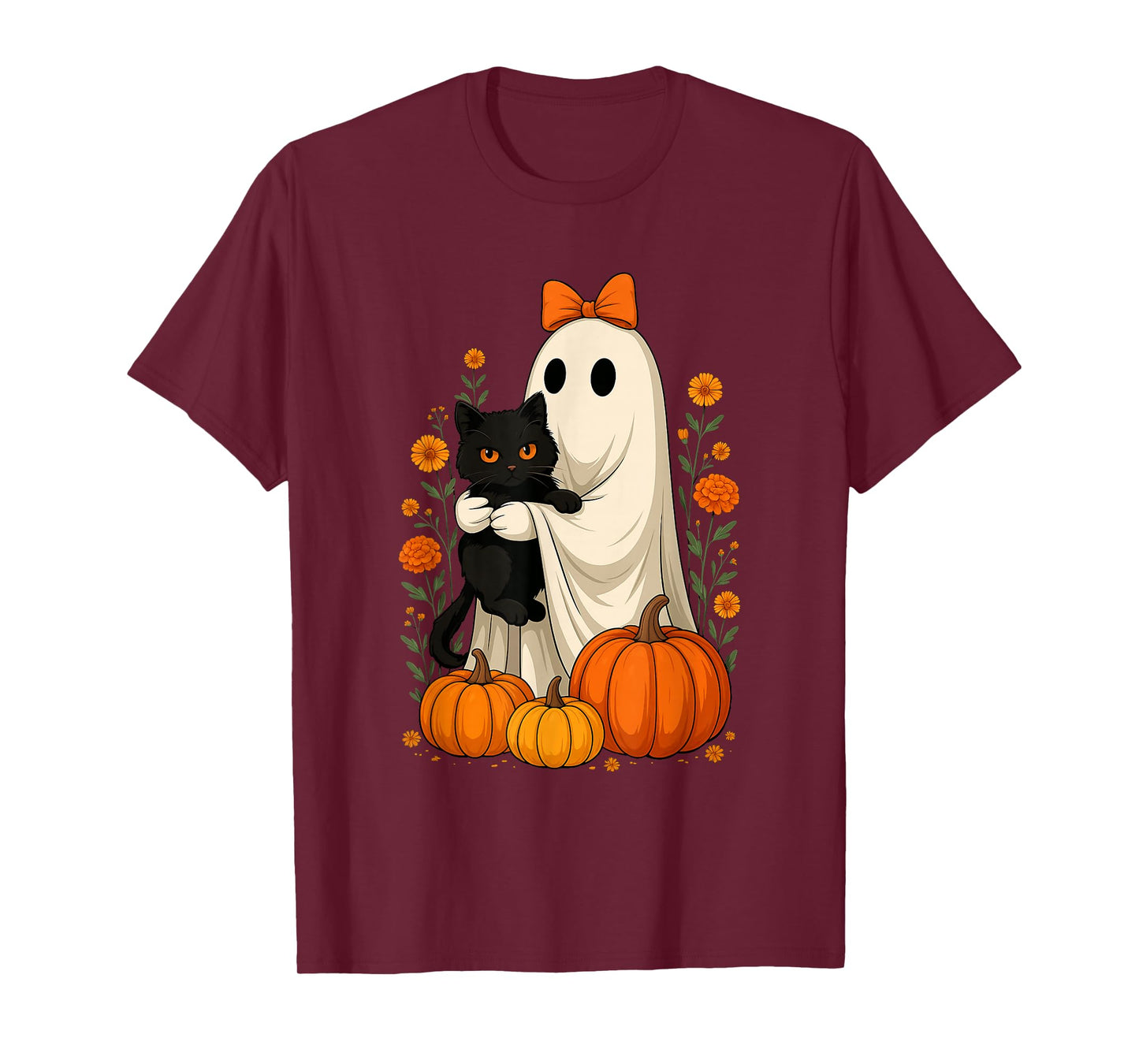 Halloween Ghost Holding Black Cat Groovy Floral Pumpkin T-Shirt