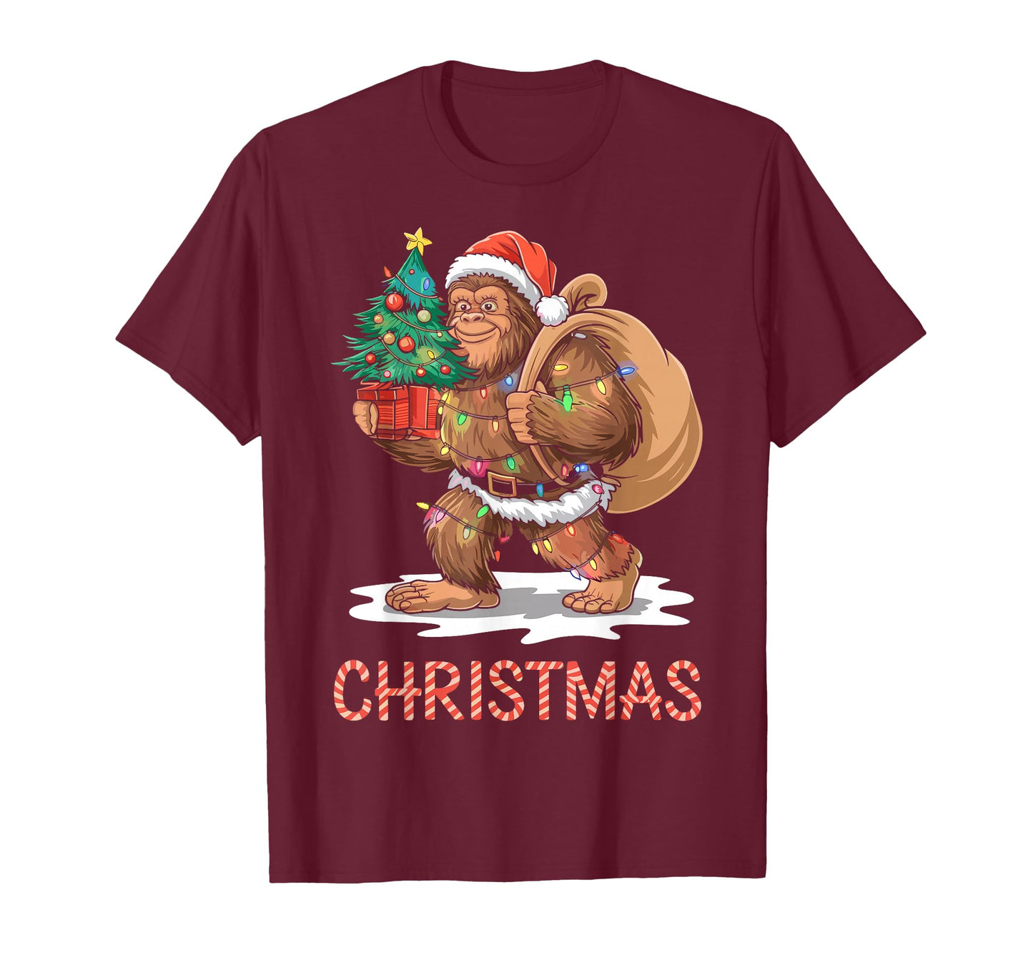Santa Bigfoot Christmas Lights Funny Sasquatch Believe Xmas T-Shirt