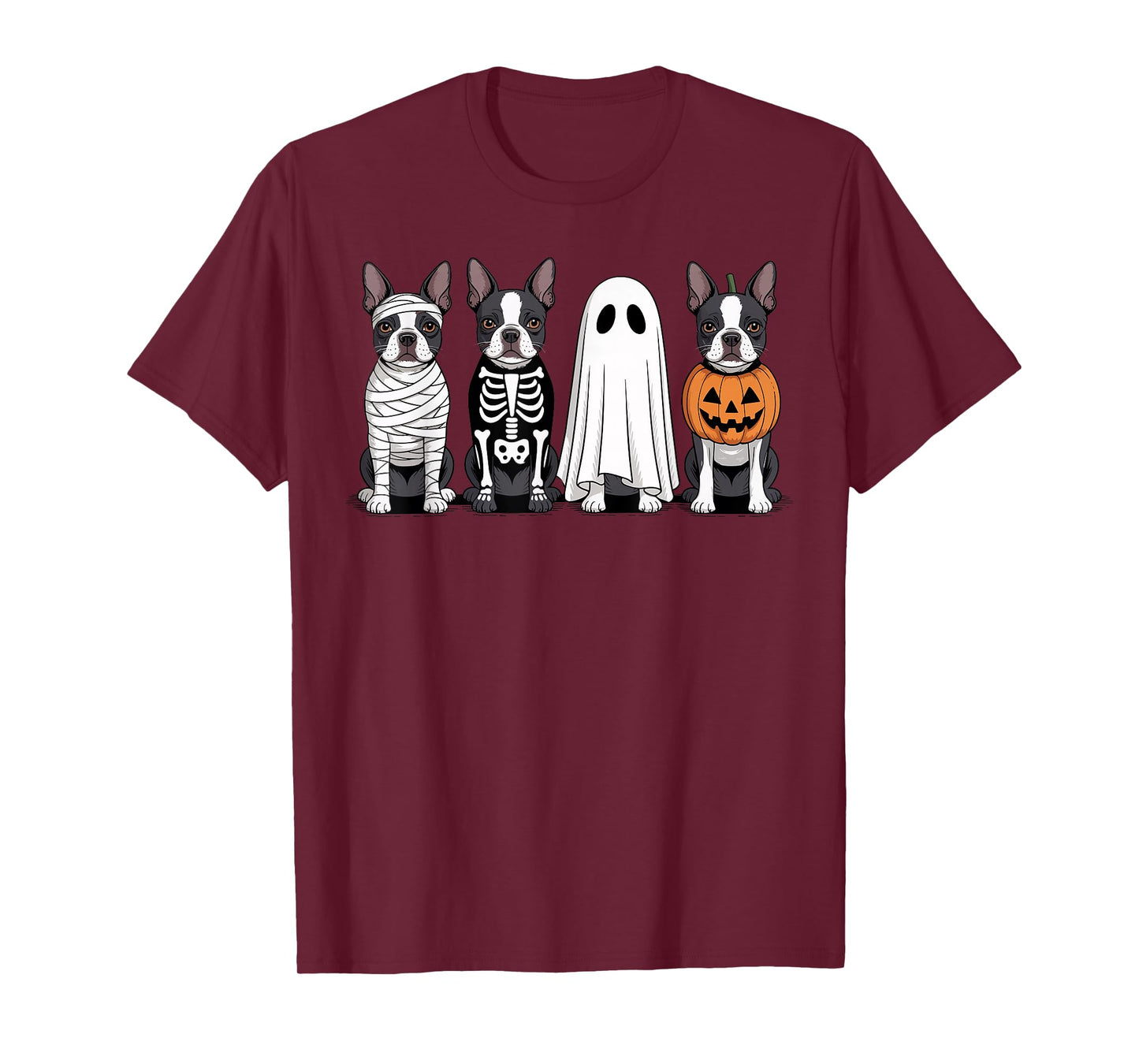 Spooky Ghost Boston Terrier Pumpkin Halloween Dog Skeleton T-Shirt