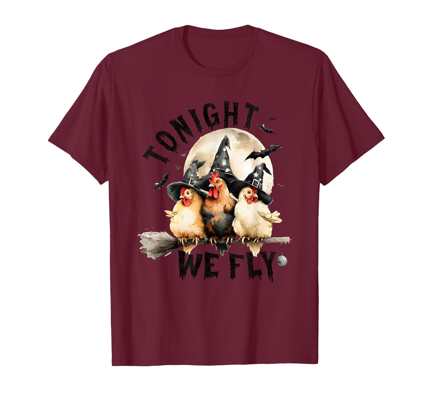 Tonight We Fly Halloween, Retro Chicken Witches Hat Broom T-Shirt