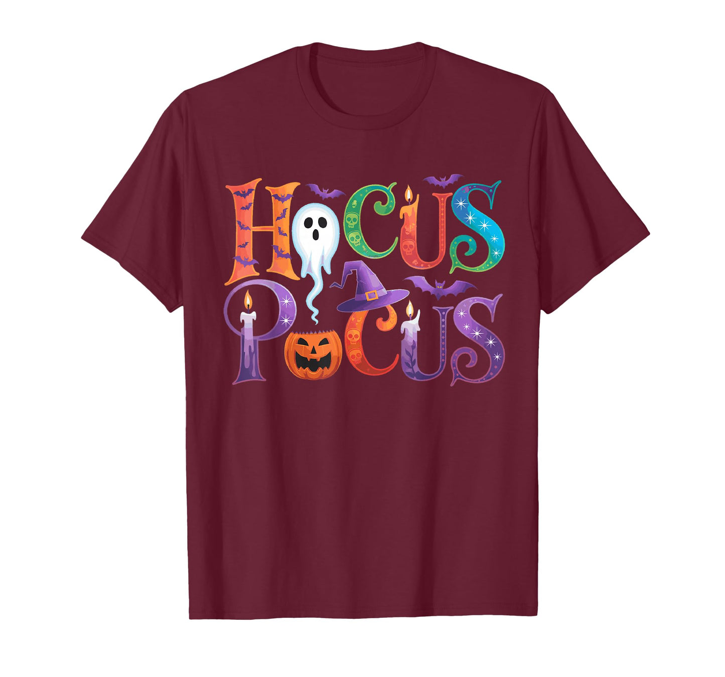 Hocus Pocus Halloween Typeface Ghostly Bats Candles Pumpkin T-Shirt
