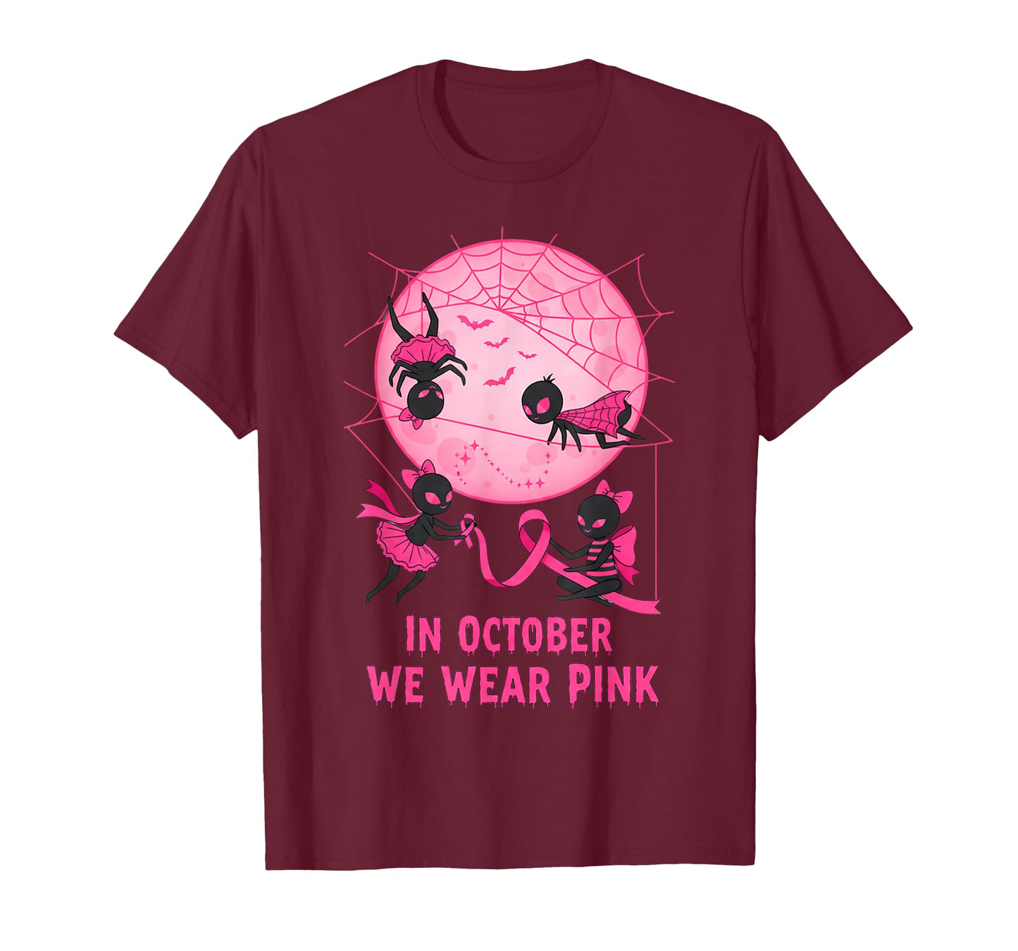 October We Wear Pink Spider Witch Halloween Breast Cancer T-Shirt