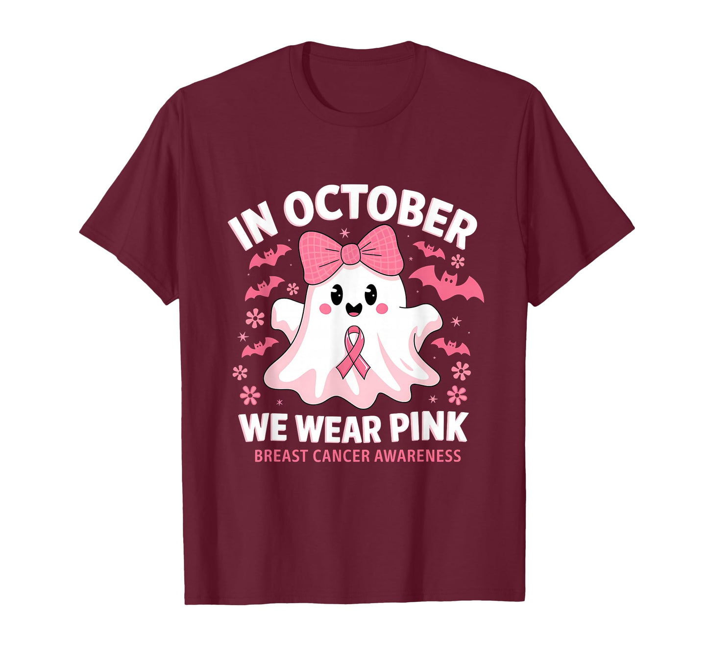 in October We Wear Pink Ghost Witch Breast Cancer Awareness T-Shirt