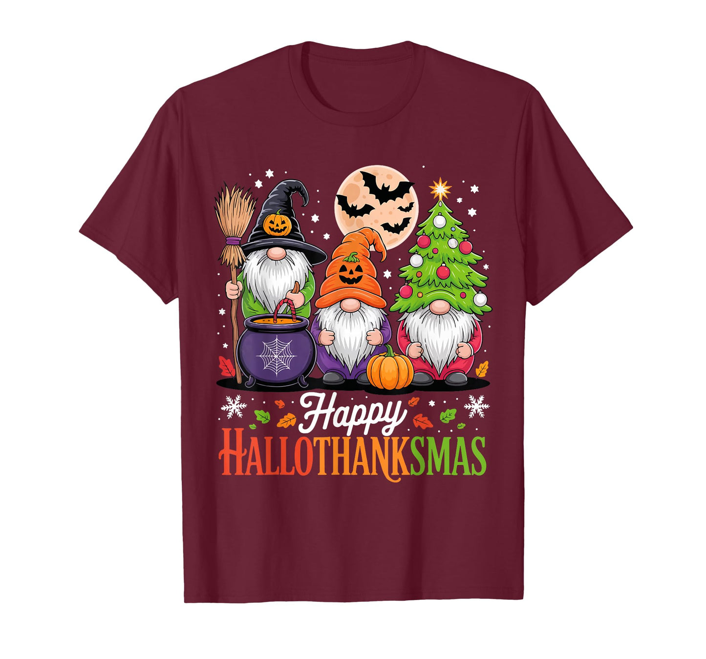 Happy HalloThanksMas Gnomes Halloween Thanksgiving Christmas T-Shirt