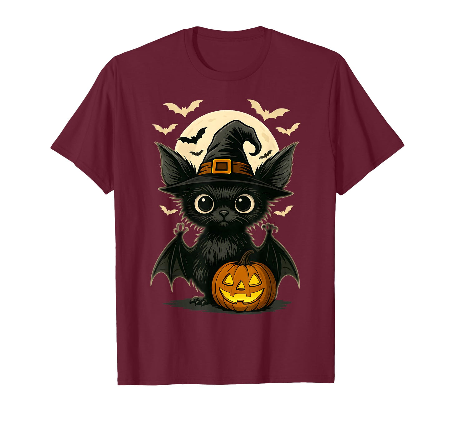 Cute Bat Wearing Witch Hat with Moon and Bats Halloween Bat T-Shirt