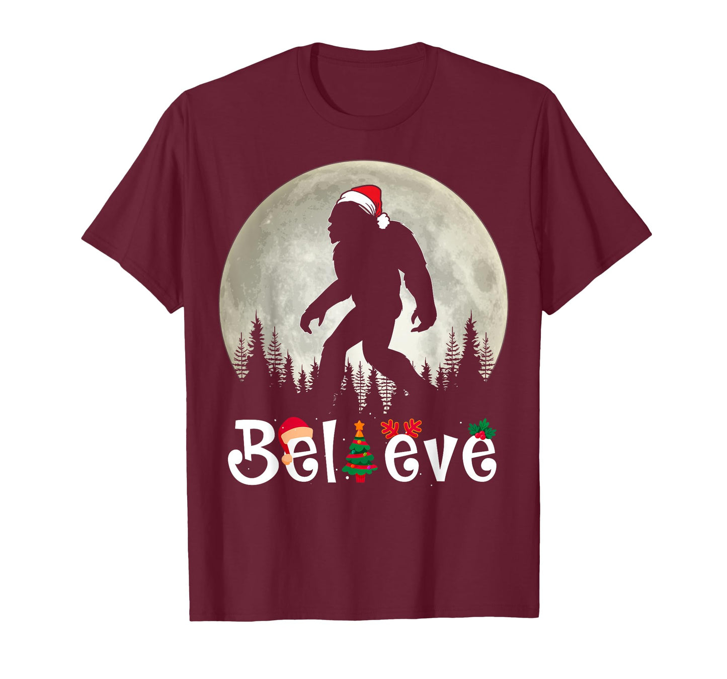 Funny Christmas Xmas Bigfoot Believe Sasquatch in Moon Light T-Shirt