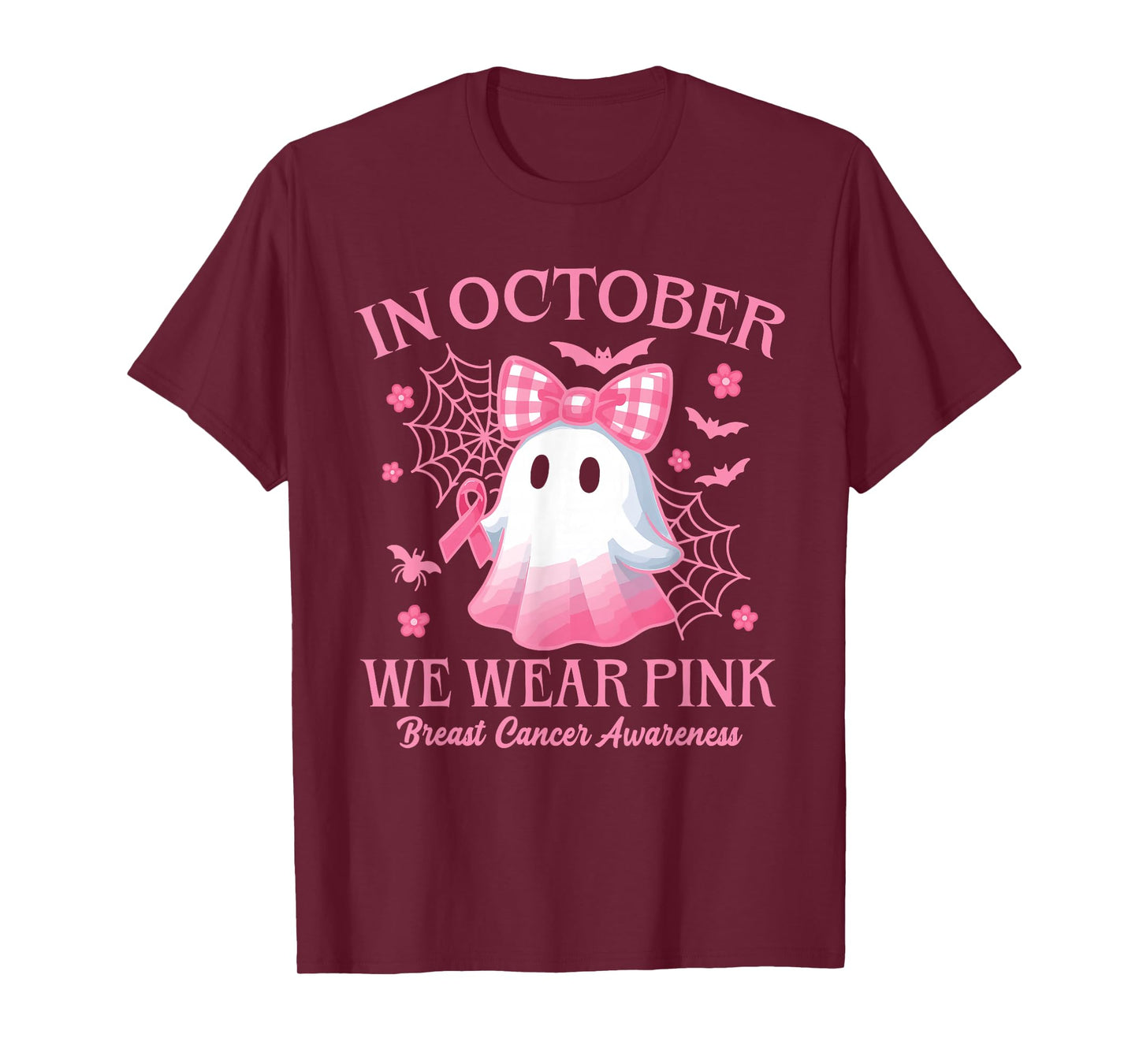 in October We Wear Pink Ghost Witch Breast Cancer Awareness T-Shirt