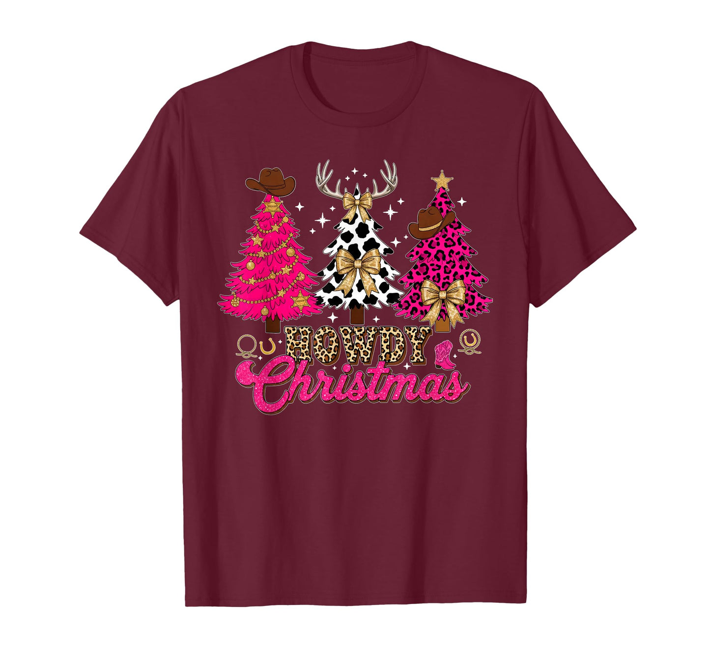Howdy Christmas Pink Leopard Cow-Print Tree Coquette Cowgirl T-Shirt