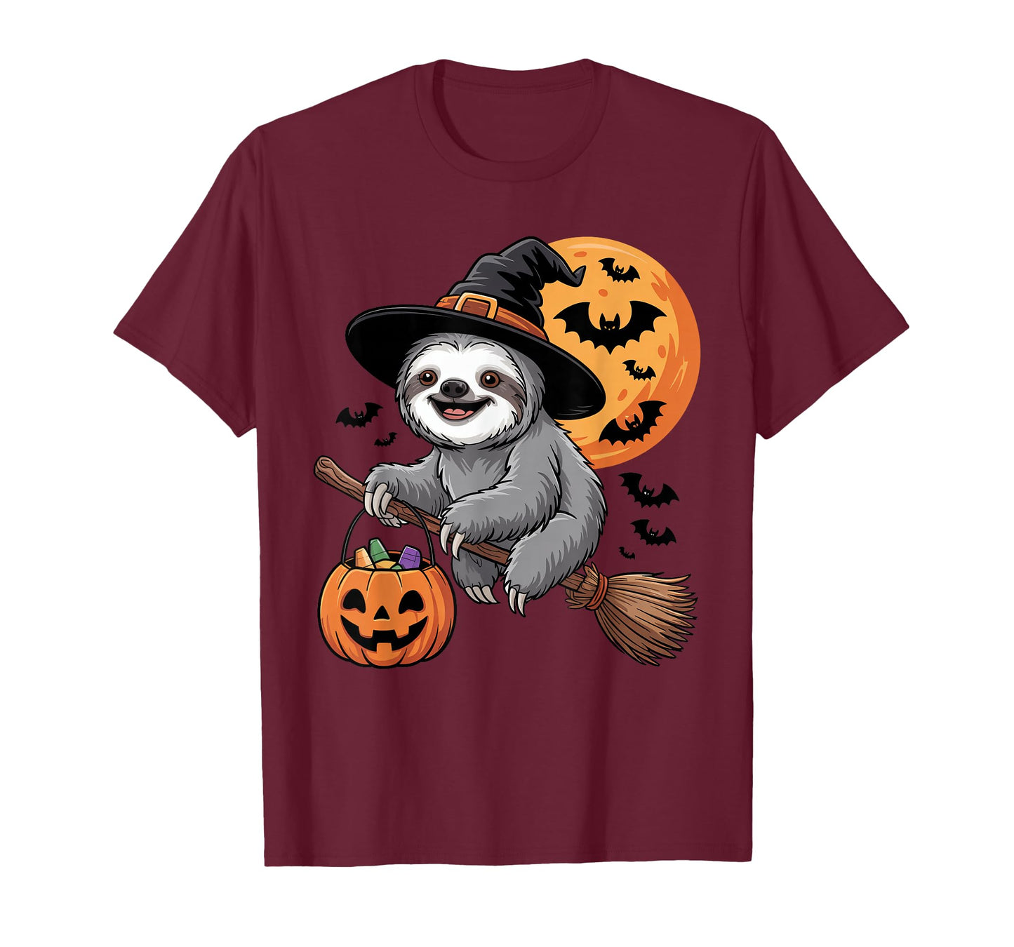 Halloween Sloth Witch Hat and Broom Pumpkin Candy Bucket T-Shirt