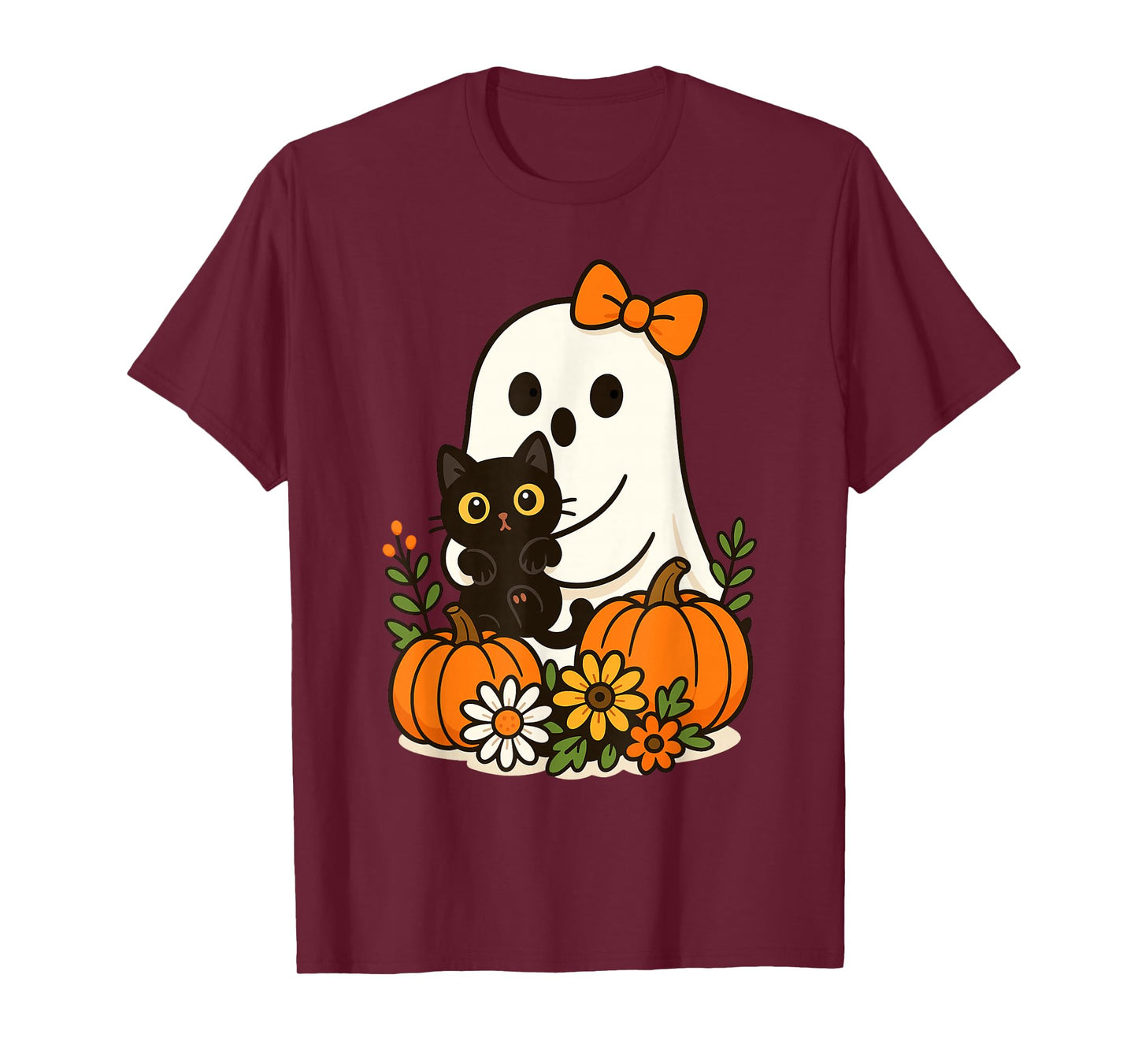 Cute Ghost Holding Black Cat Groovy Floral Halloween T-Shirt