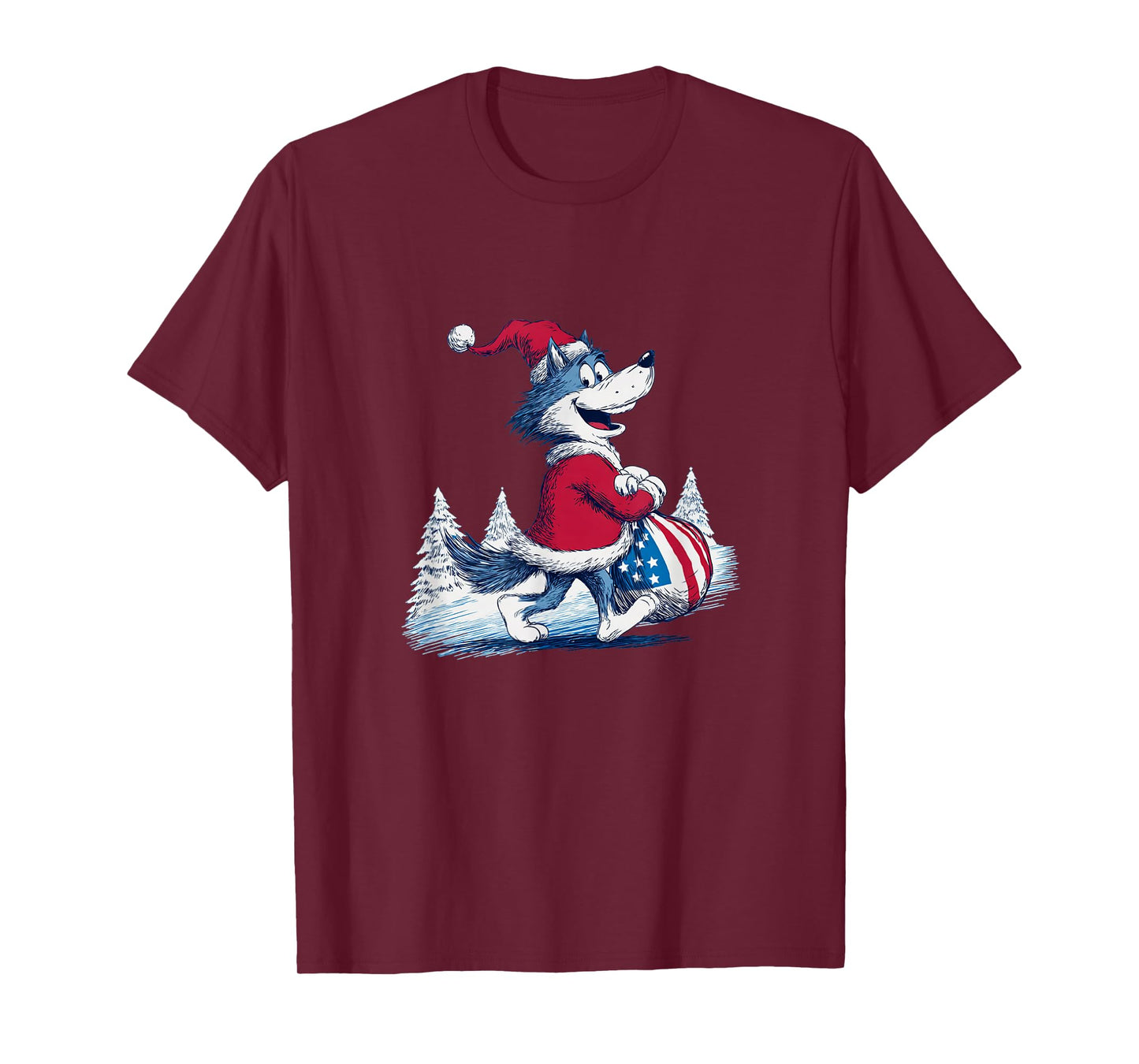 Happy Wolf with Santa Bag for Funny Christmas T-Shirt