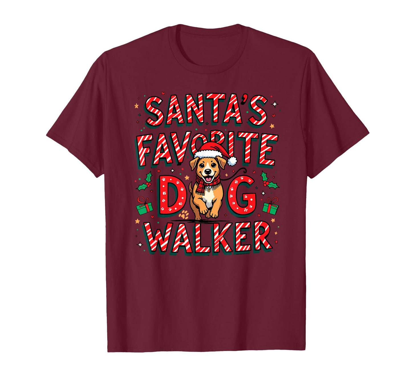 Santa’s Favorite Dog Walker Candy Cane Lettering Christmas T-Shirt