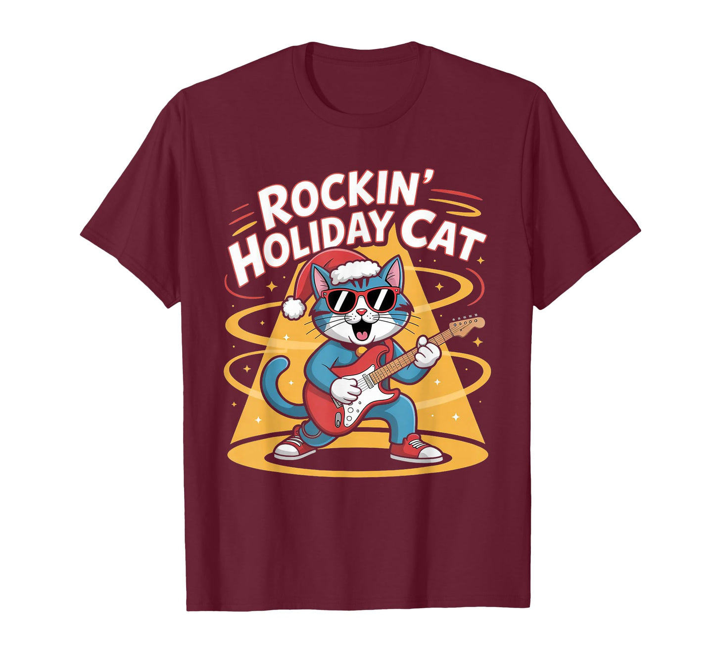 Christmas Santa Hat Cat Playing Guitar Rock and Roll T-Shirt