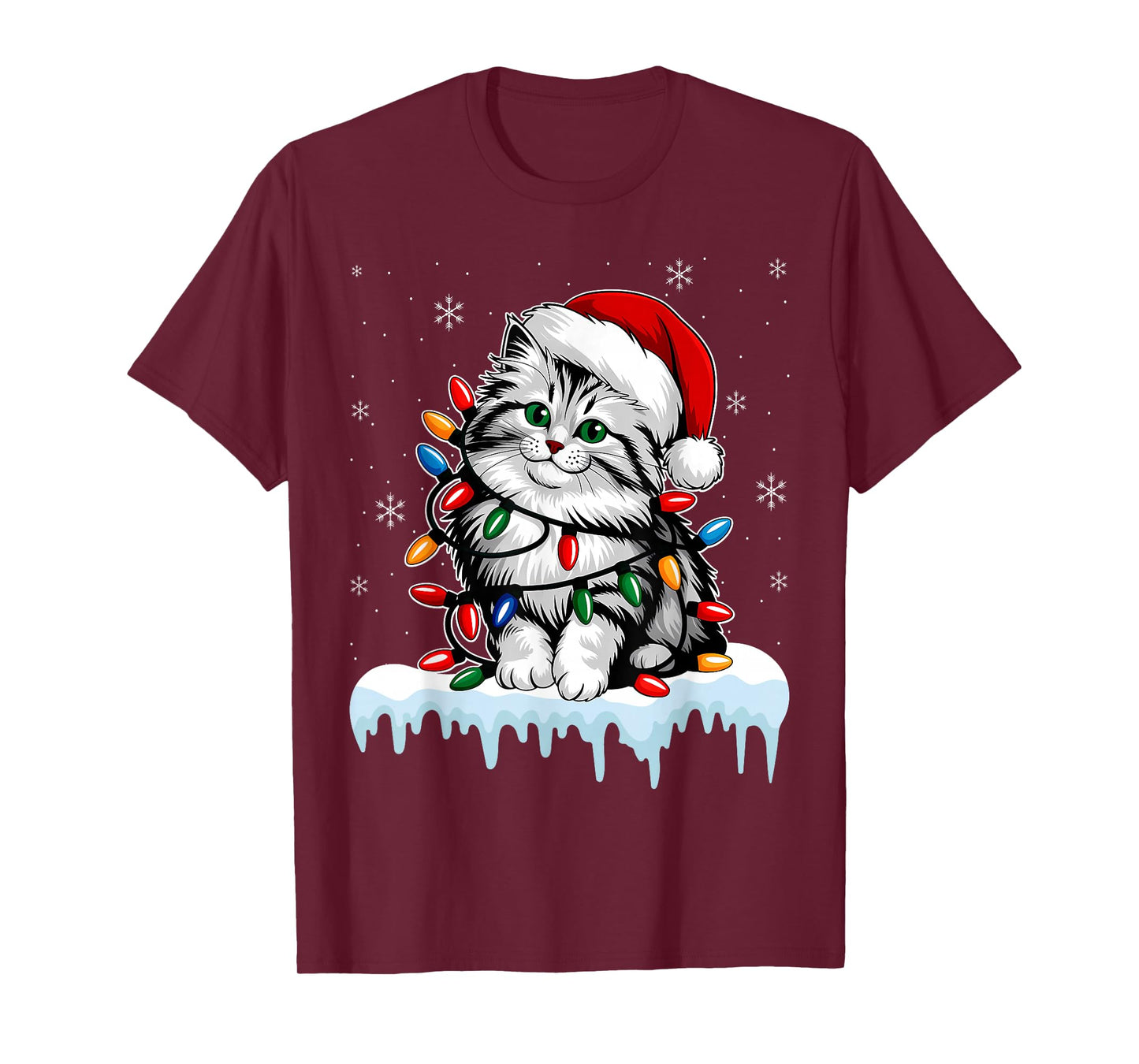 Siberian Cat Christmas Lights Xmas Lover Santa Hat Men T-Shirt