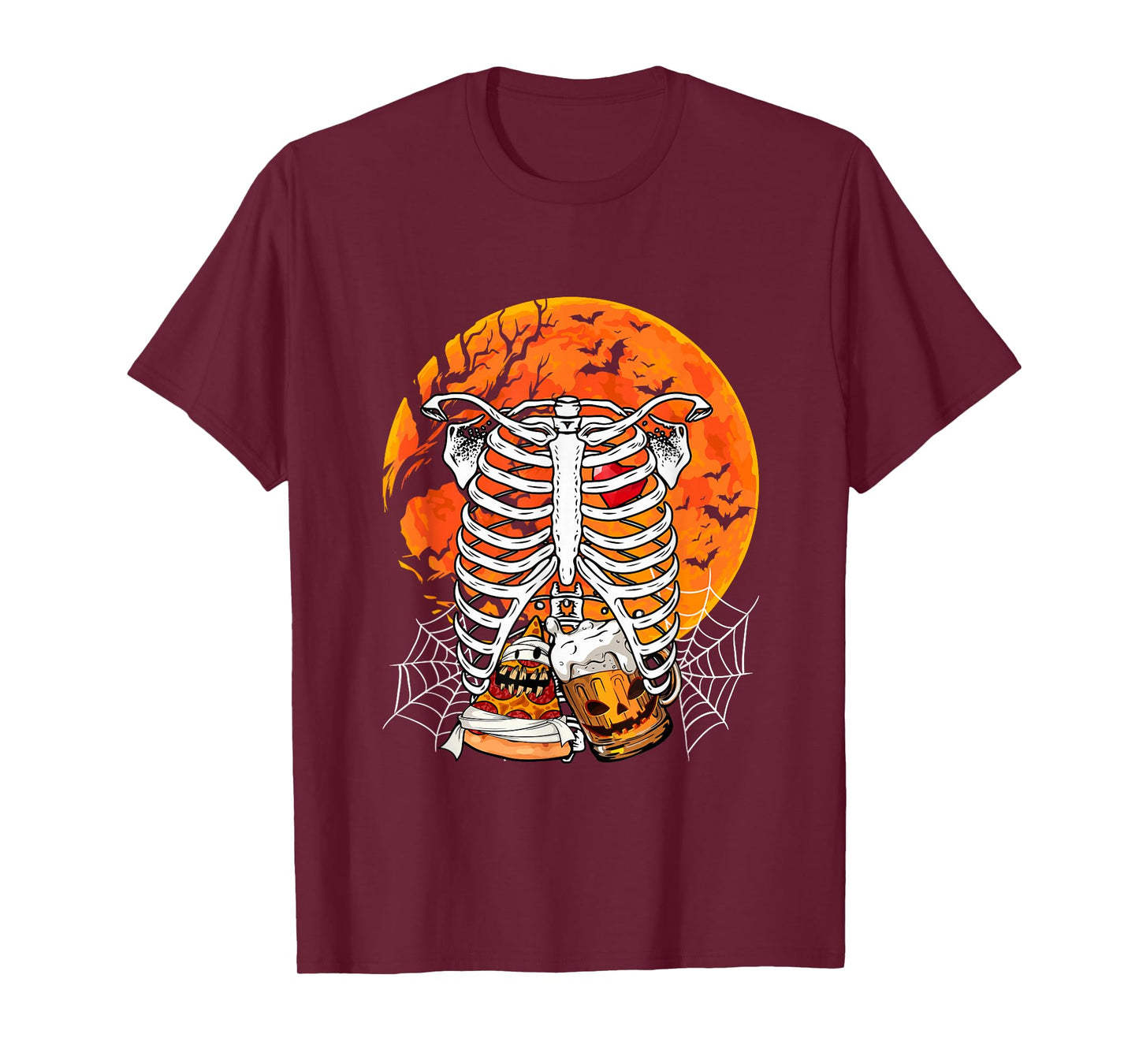 Horror Beer Pizza Inside Rib Cage X-ray Skeleton Halloween T-Shirt