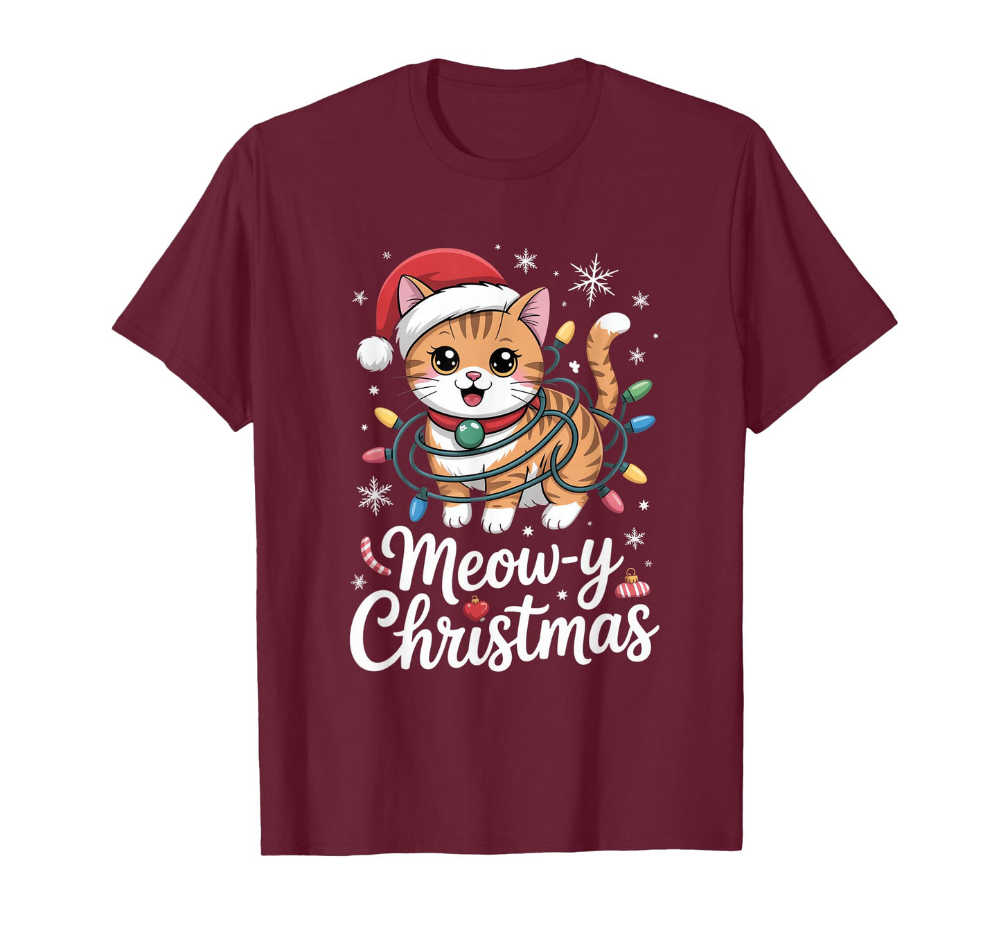 Meow Y Christmas Cute Cat with Santa Hat and Lights T-Shirt