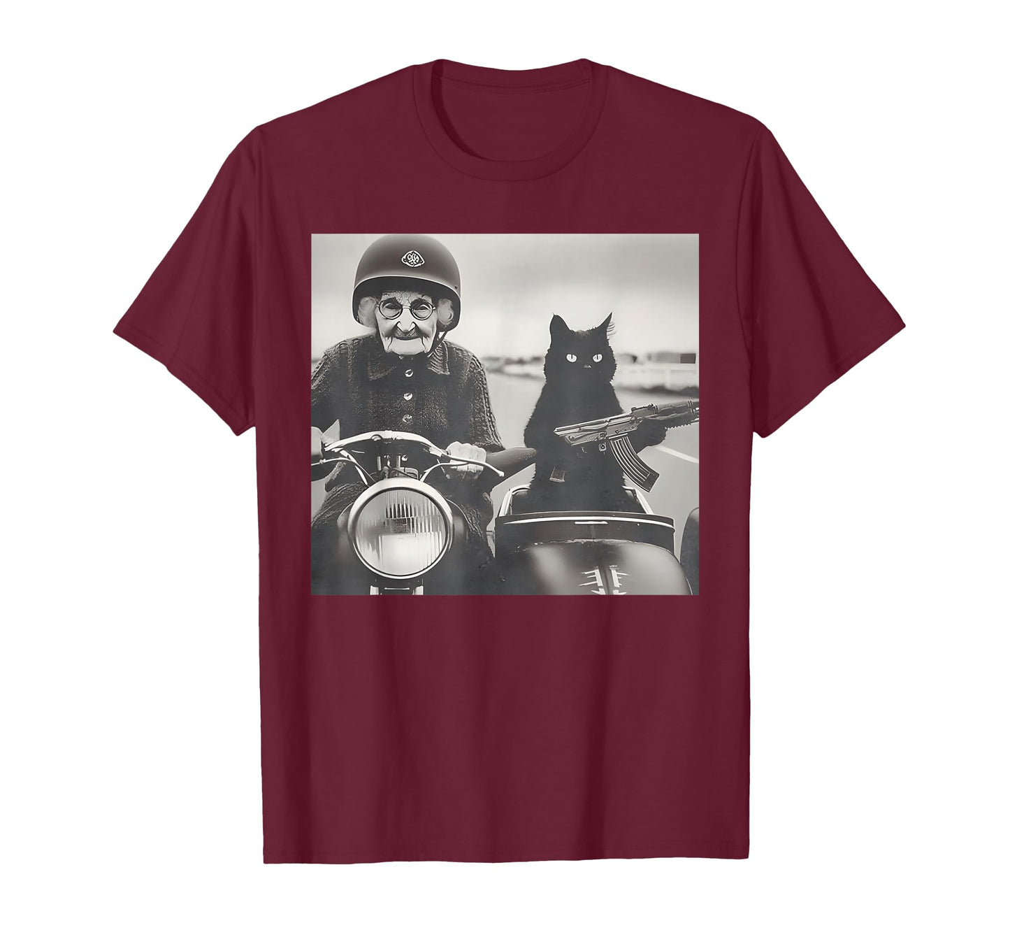 Granny And Her Armed Cat Riding Vintage Motorcycle T-Shirt