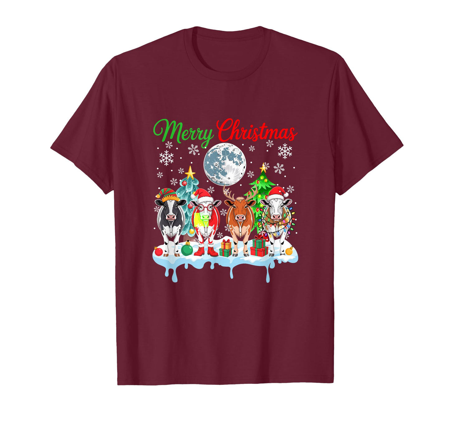 Merry Christmas Snow Group Santa Elf Reindeer Cows Farmer T-Shirt
