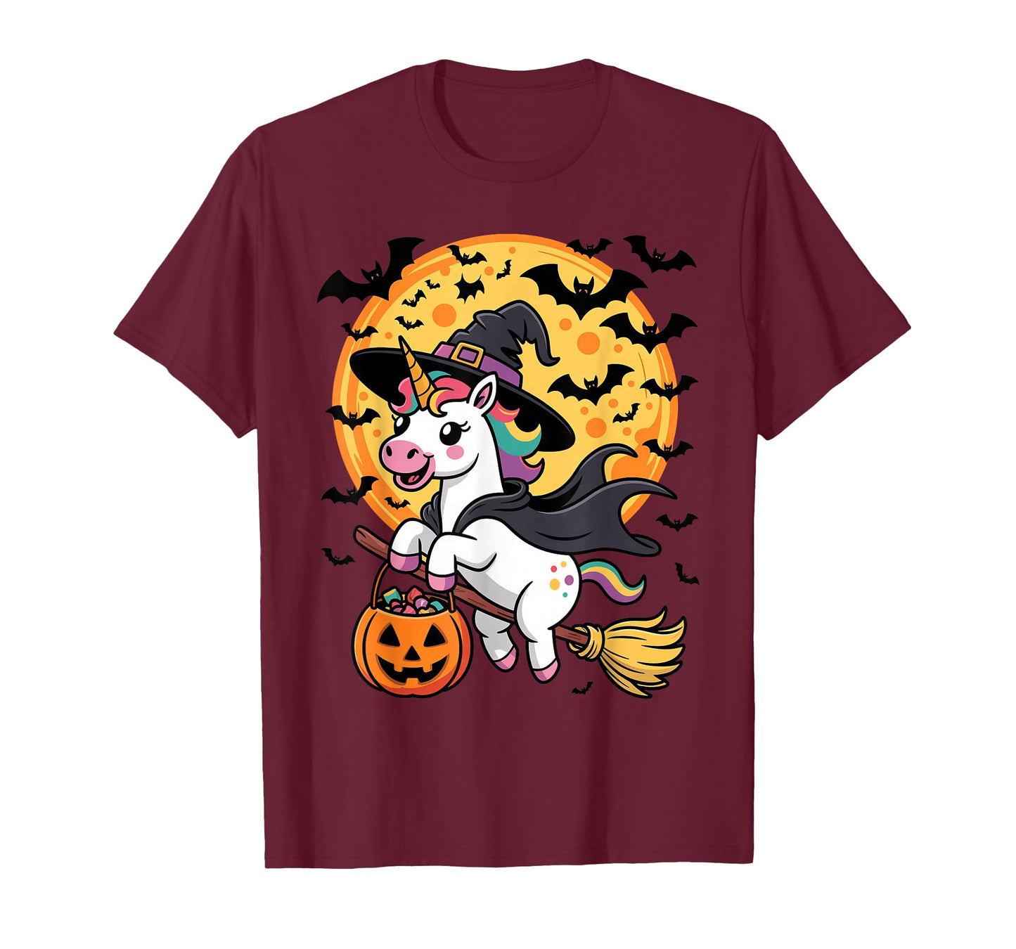 Cute Unicorn Witch Riding Broom Halloween Pumpkin Kids Boys T-Shirt