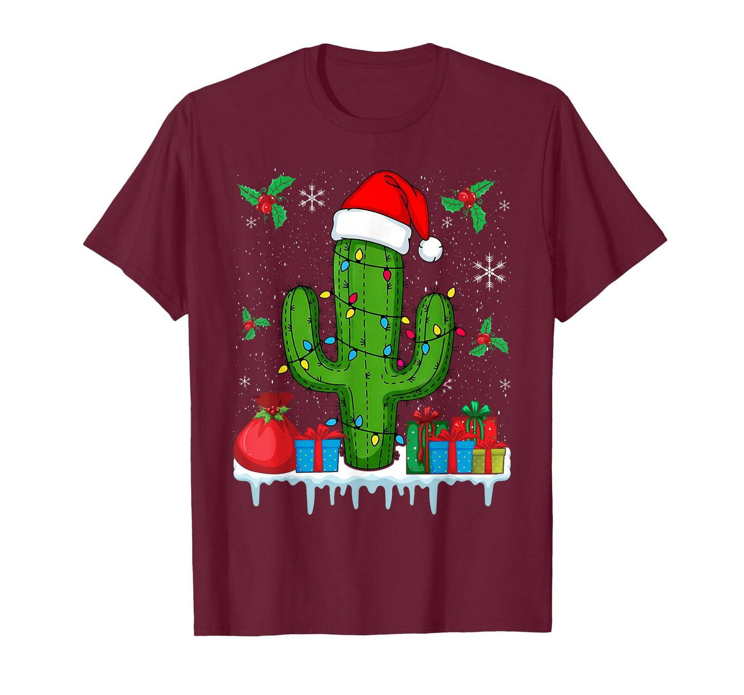 Funny Cactus Rocking Christmas with Santa Hat and Lights T-Shirt