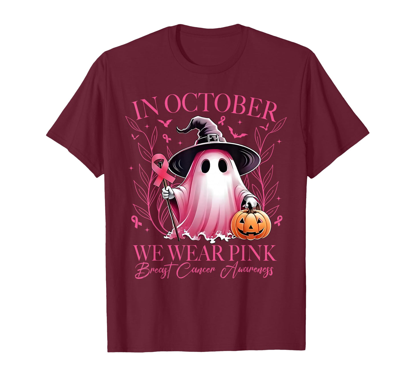 in October We Wear Pink Ghost Witch Breast Cancer Awareness T-Shirt