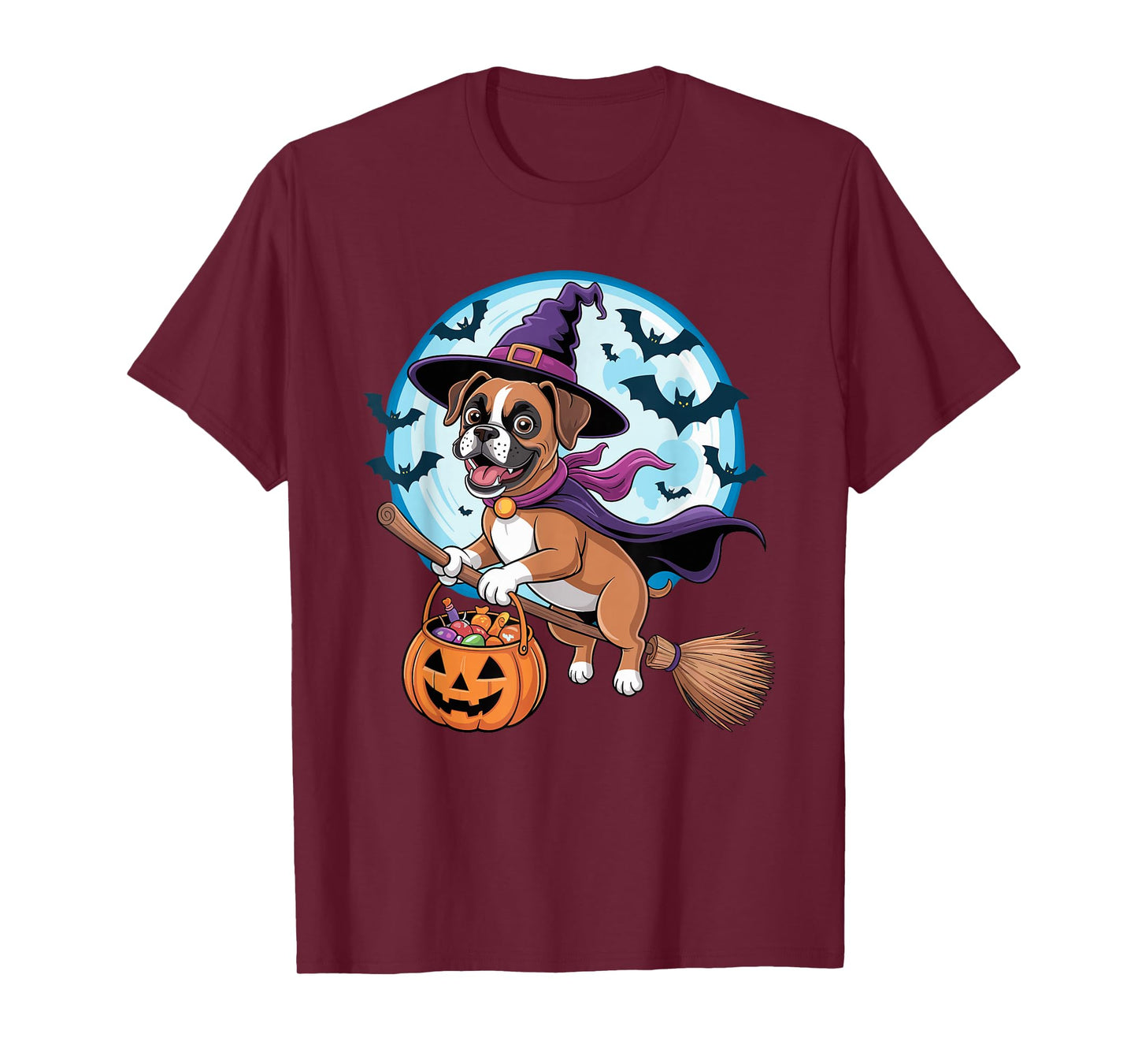 Halloween Witch Boxer Dog Moon T-Shirt