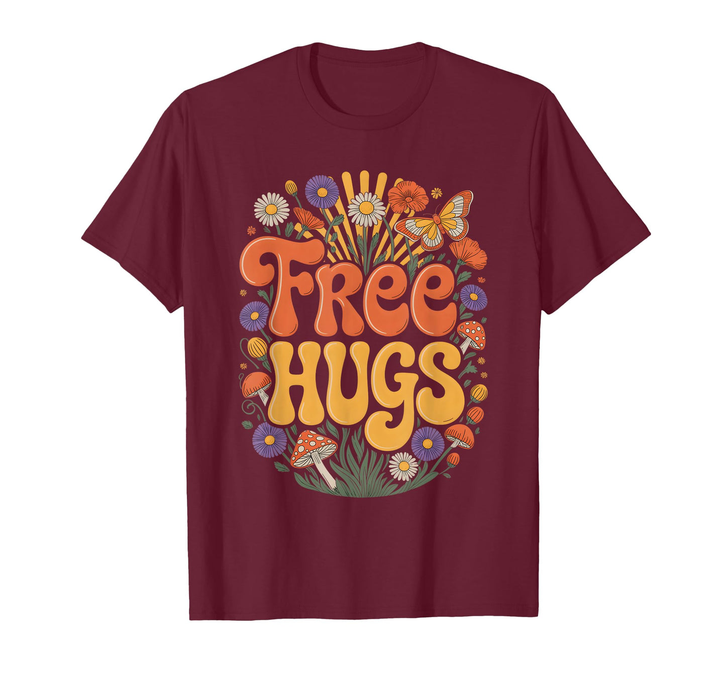 Free Hugs Day Hugging Day Flower Hippie Retro Women Men Kids T-Shirt