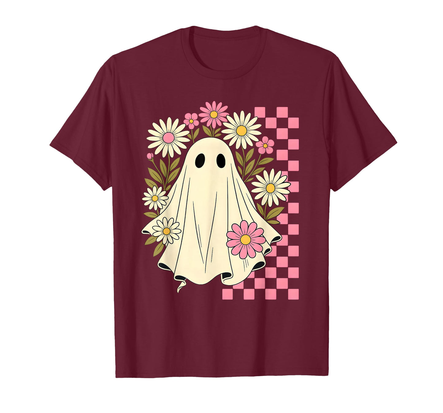 Vintage Pink Flowers Ghost Groovy Halloween Spooky Girls T-Shirt