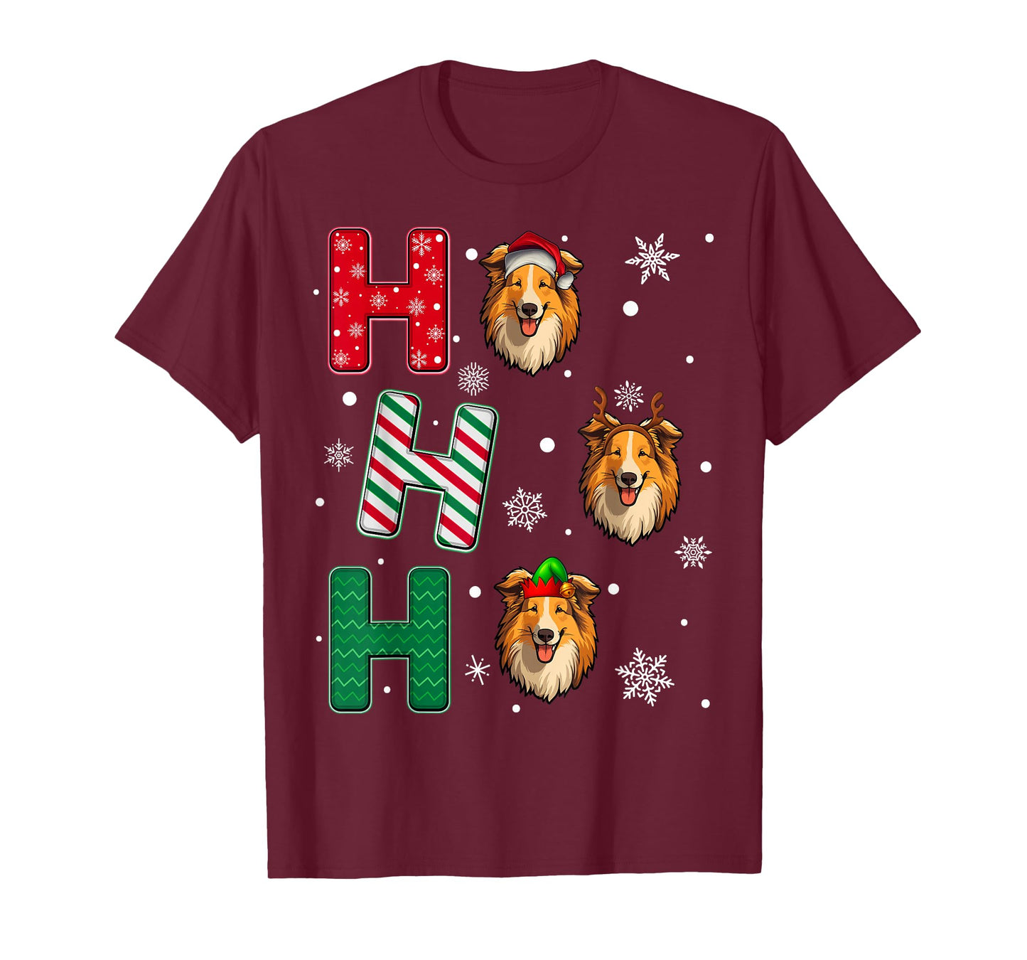 Ho Ho Ho Rough Collie Dog Matching Christmas Santa Elf Xmas T-Shirt