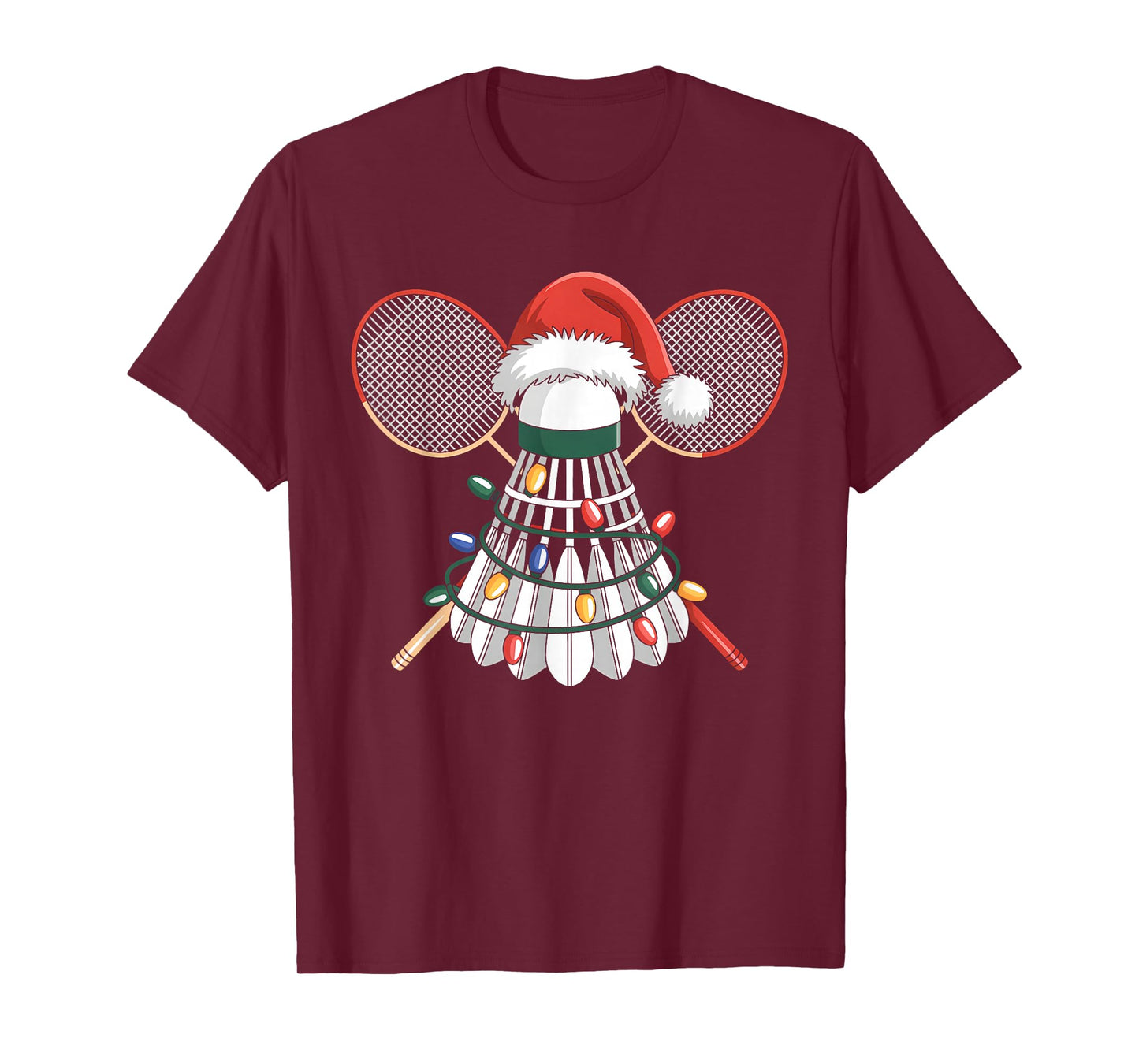 Funny Christmas Badminton Santa Hat Xmas Lights Holiday T-Shirt