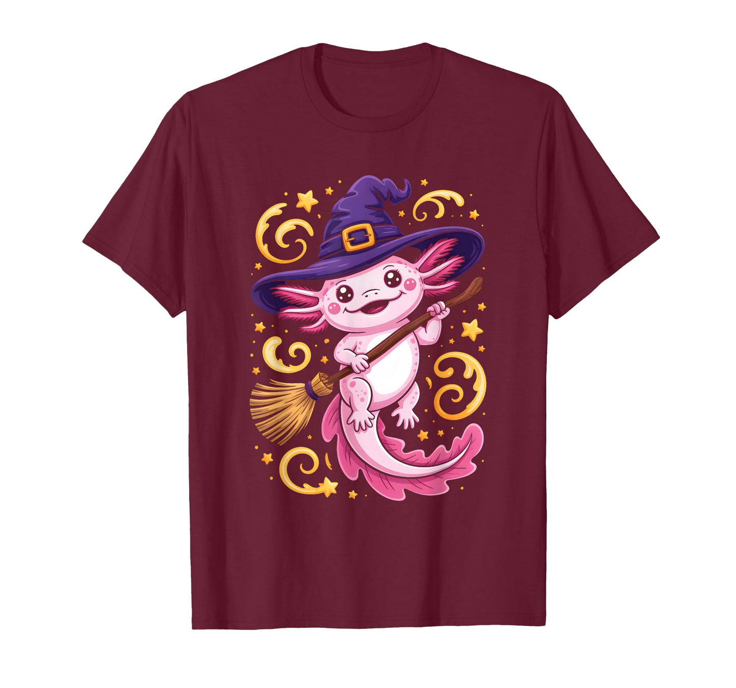 Pink Axolotl Witch Riding Broomstick Stars Swirls Halloween T-Shirt