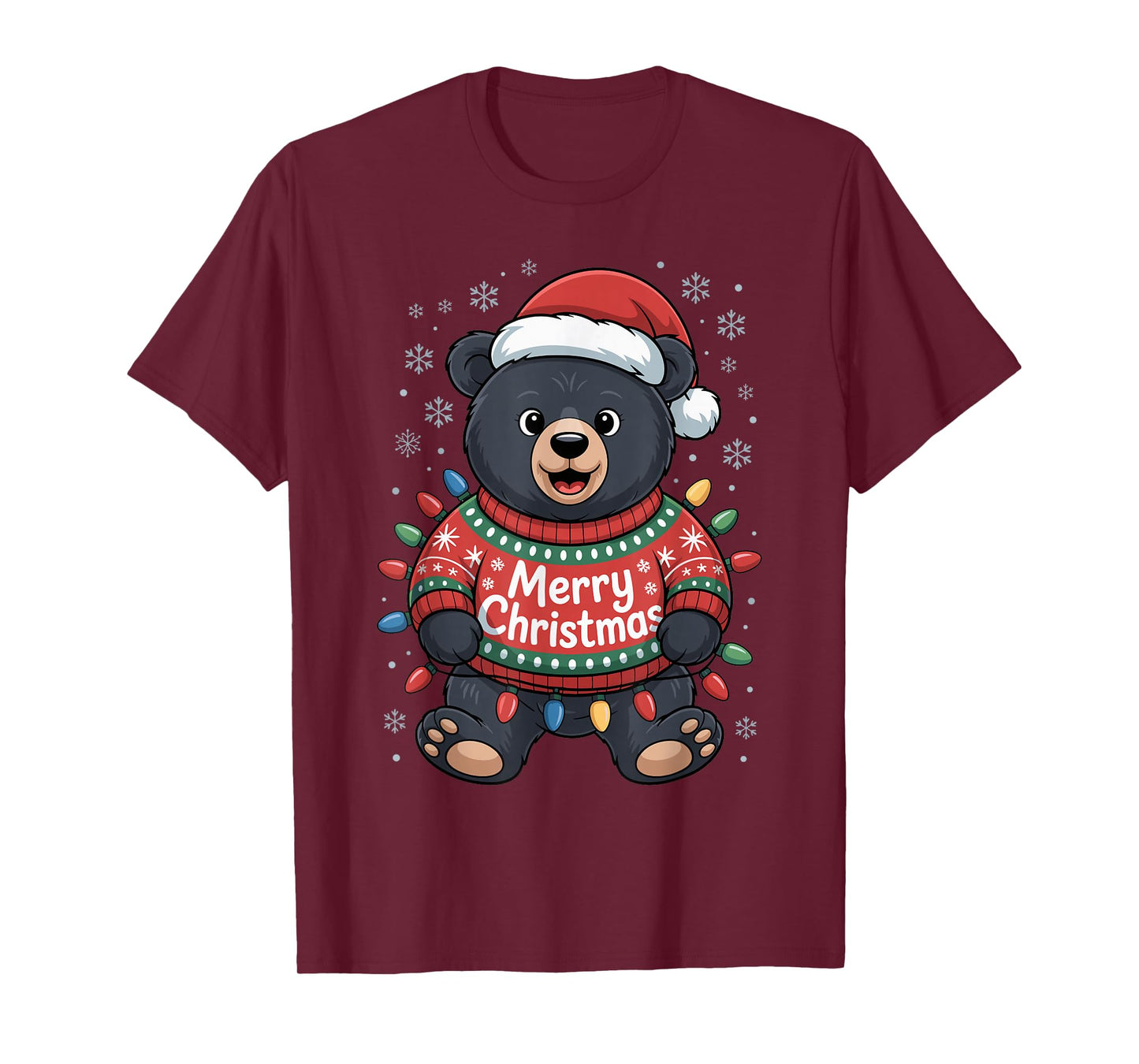 Merry Black Bear Christmas Humor Santa Hat Light Party Funny T-Shirt